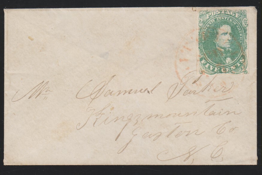 Confederate States 1  4-margins, tied by red cds on cover to Kings Mountain NC