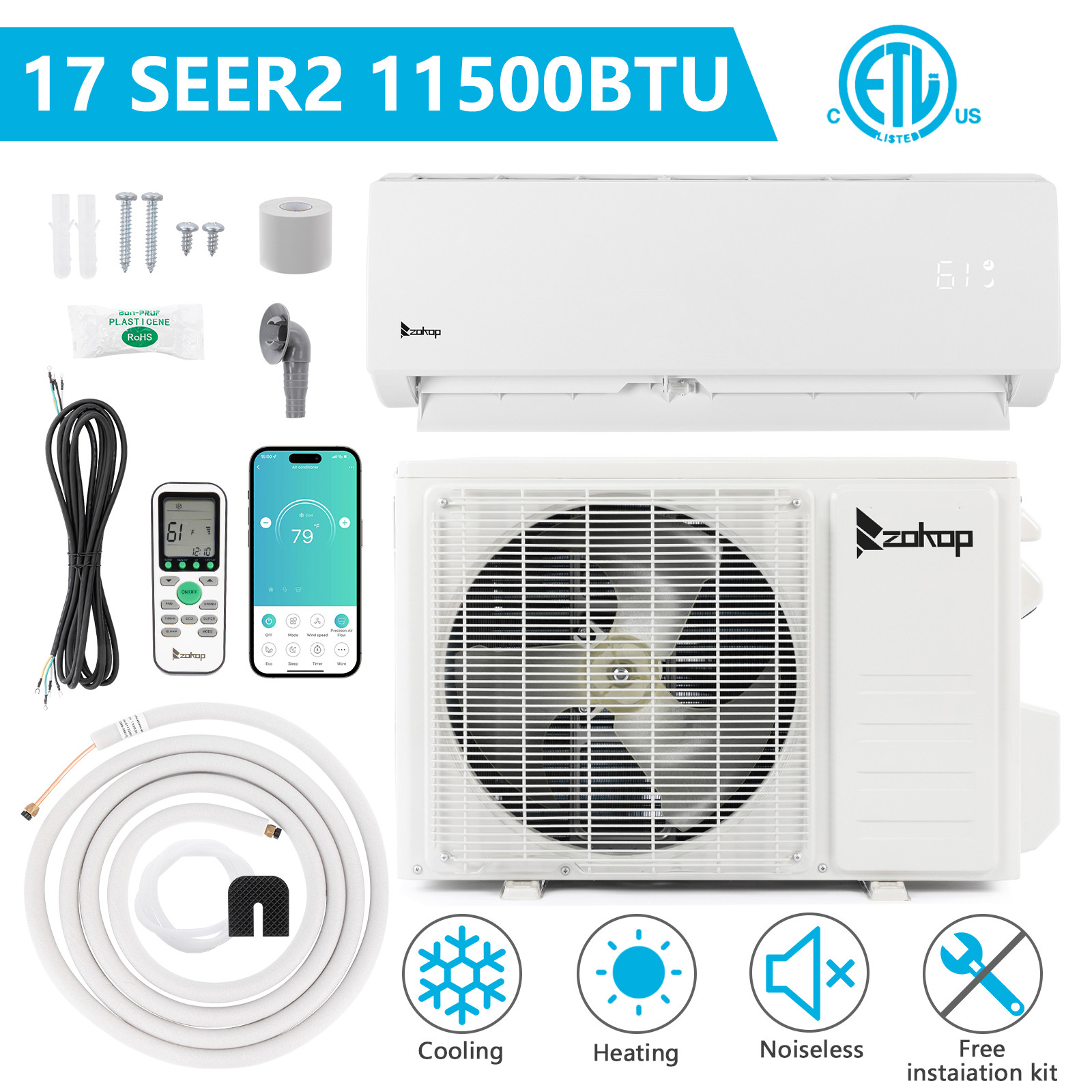 11500 BTU Ductless Mini Split Air Conditioner, Heat Pump With/AC Unit KIT, Wifi