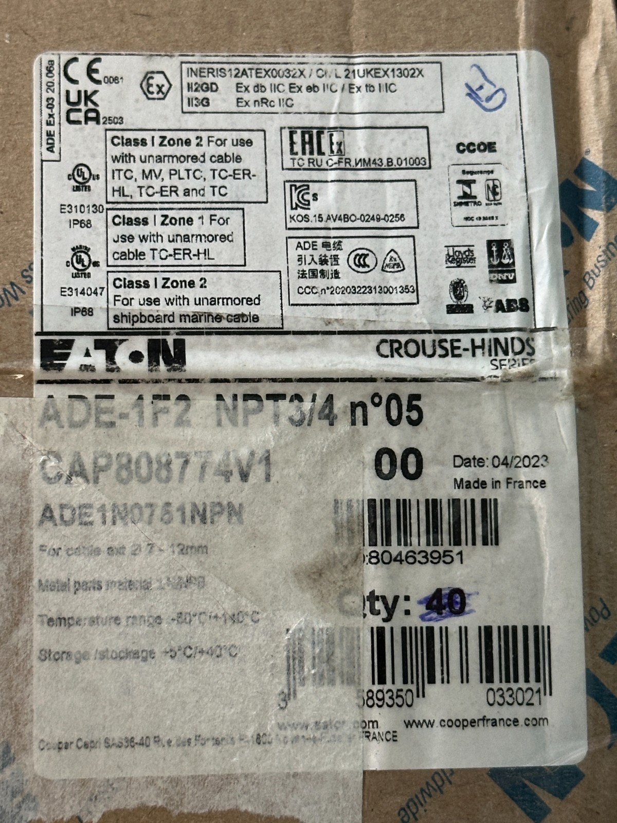 NEW EATON Crouse Hinds ADE1N0751NPN Cable Gland 3/4" NPT, Gland Size 5, Haz. Loc