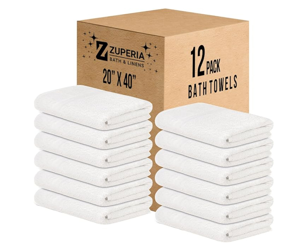 ZUPERIA White Bath Towels Bulk 12 Pack 20 x 40 Inches - 100% Cotton