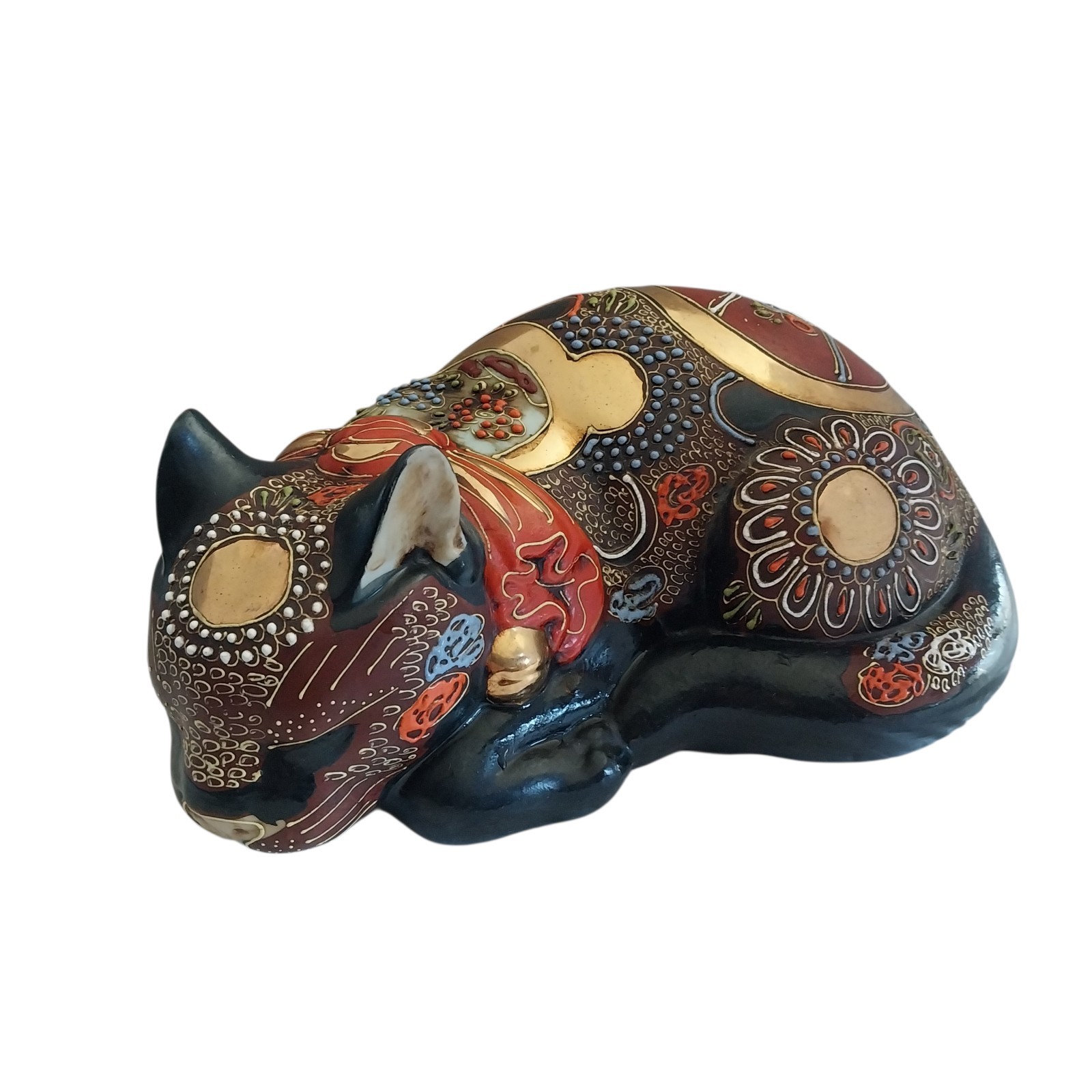 Japanese Kutani Style Moriage Nemurii Neko Sleeping Cat 10" Signed Black Gold