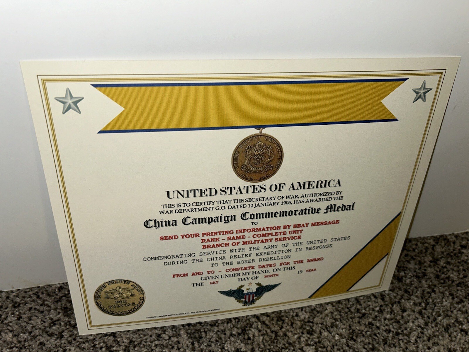 CHINA CAMPAIGN (ARMY) COMMEMORATIVE MEDAL CERTIFICATE ~ W/PRINTING TYPE-1