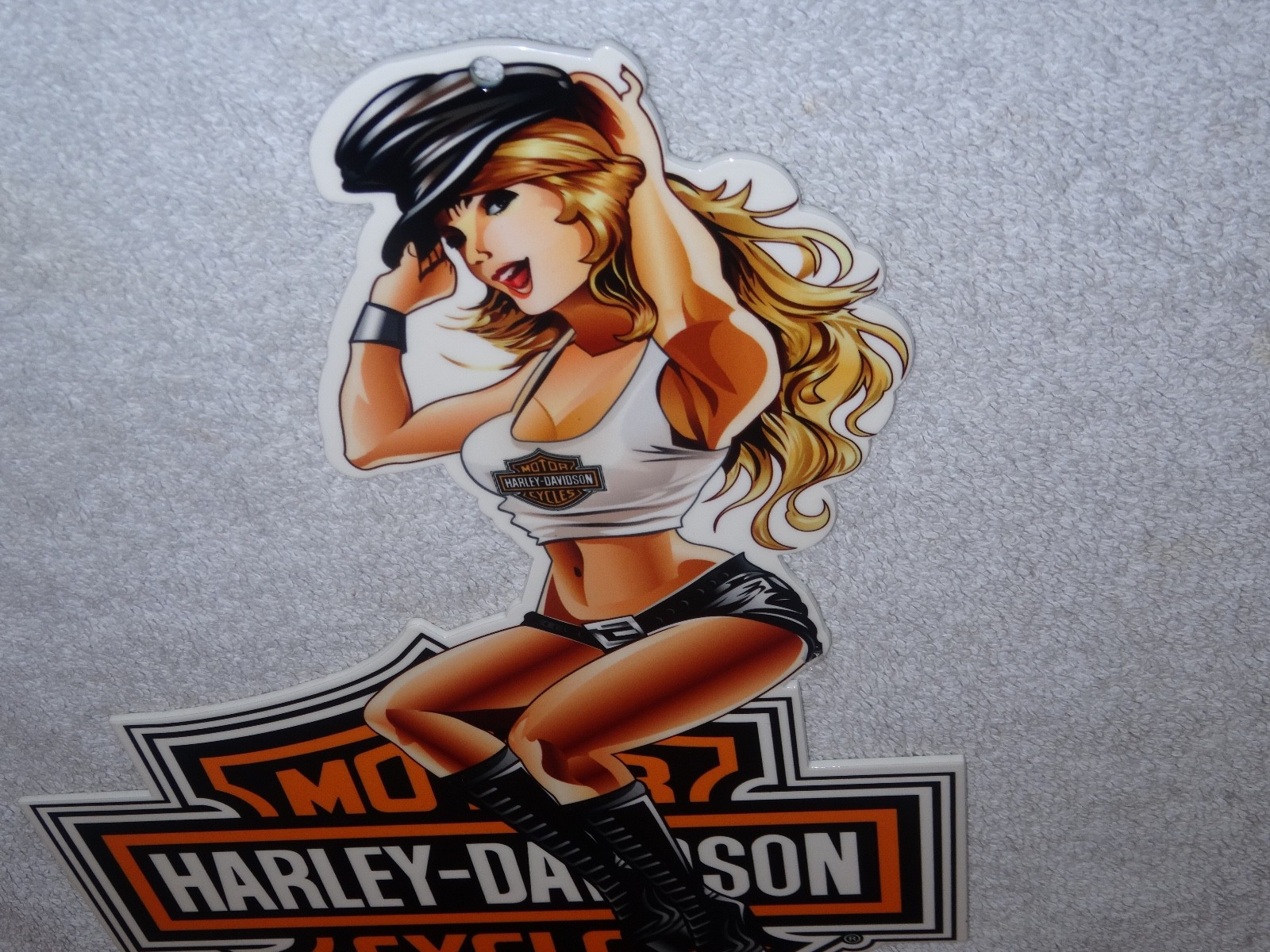 VINTAGE HARLEY DAVIDSON MOTORCYCLE WOMAN 👩 12" MOTOR CYCLE GASOLINE & OIL SIGN