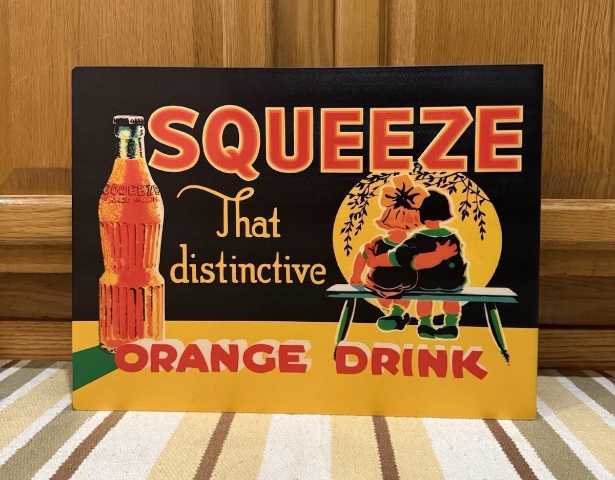 Squeeze Orange Drink Flange Sign Double Sided Vintage Style Wall Decor