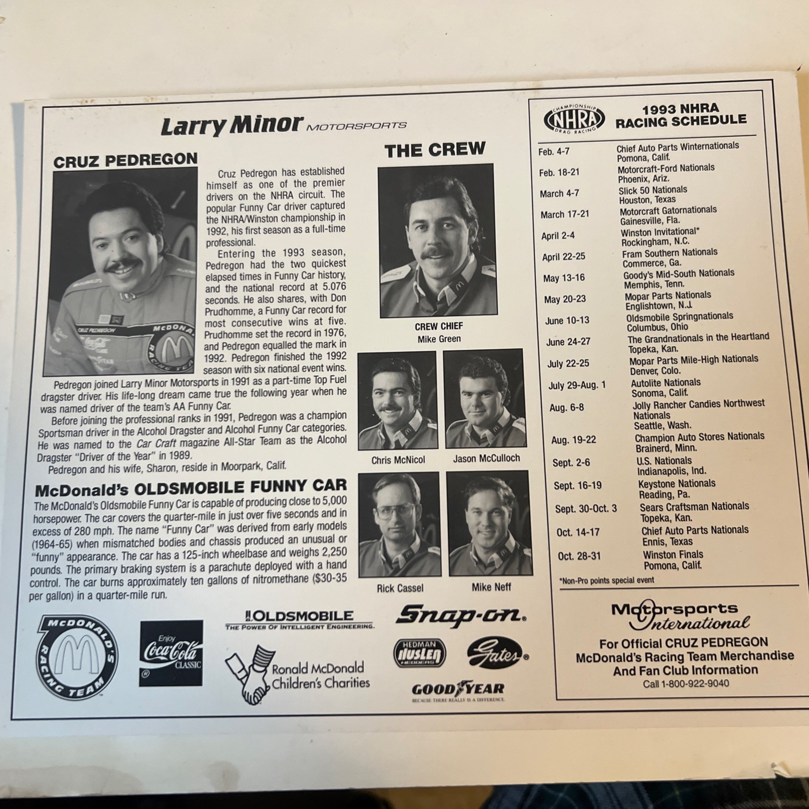 Cruz Pedregon 1992 NHRA Funny Car Champion Autographed Original Photo McDonald's