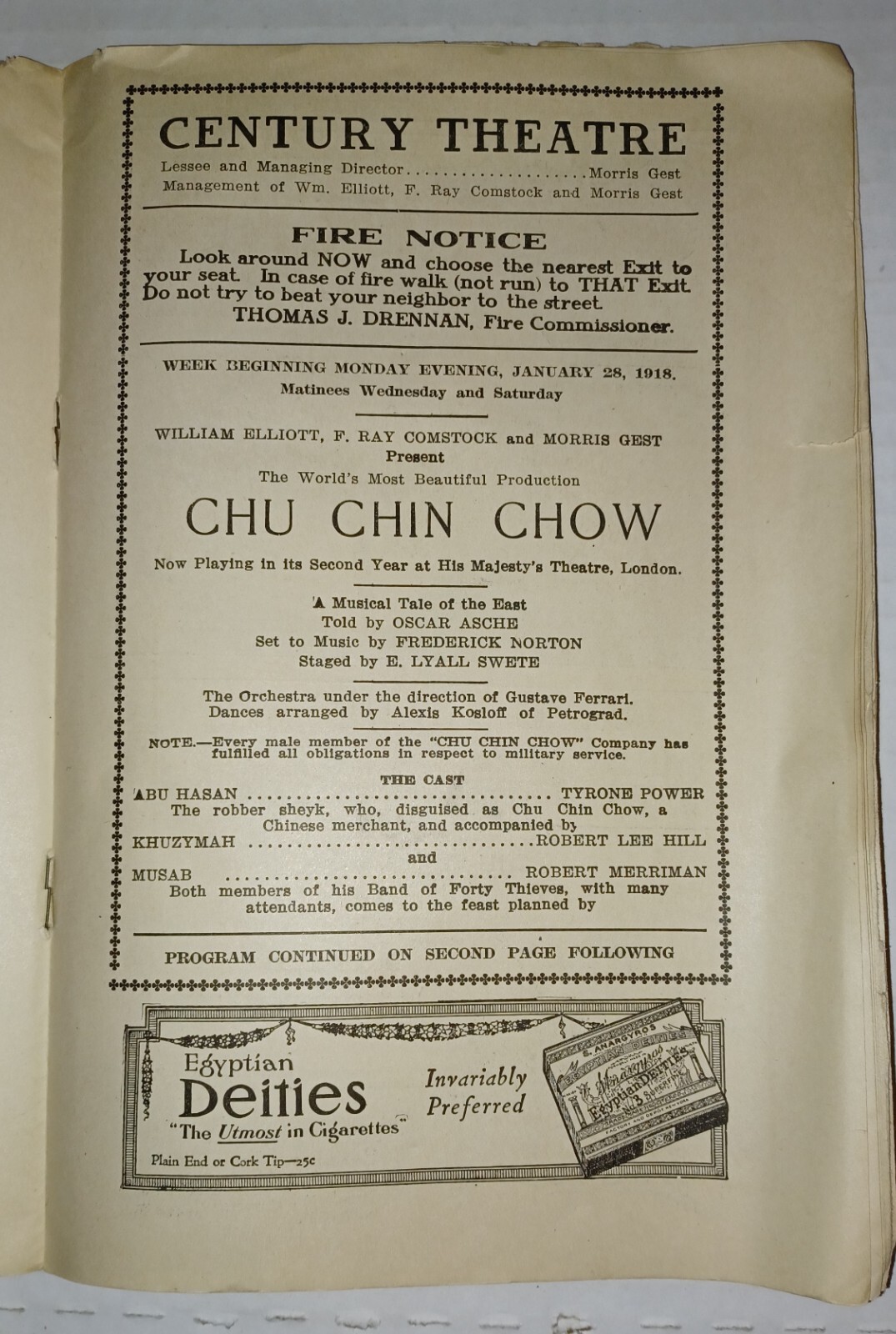 TYRONE POWER CENTURY THEATRE NY Jan 1918 CHU CHIN CHOW Broadway Program-WW1 Era