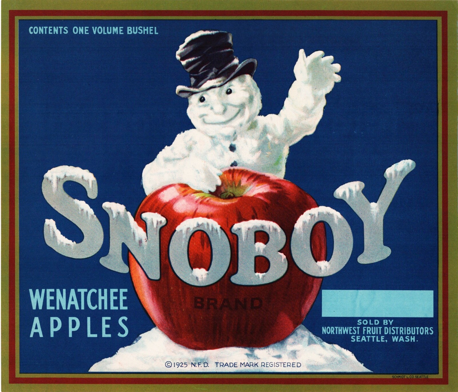 SNOBOY Brand Apples Original Fruit Crate Label - Seattle, Washington