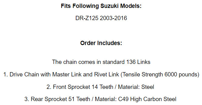 Drive Chain & Sprockets Kit for Suzuki DR-Z125 DRZ125 2003-2016