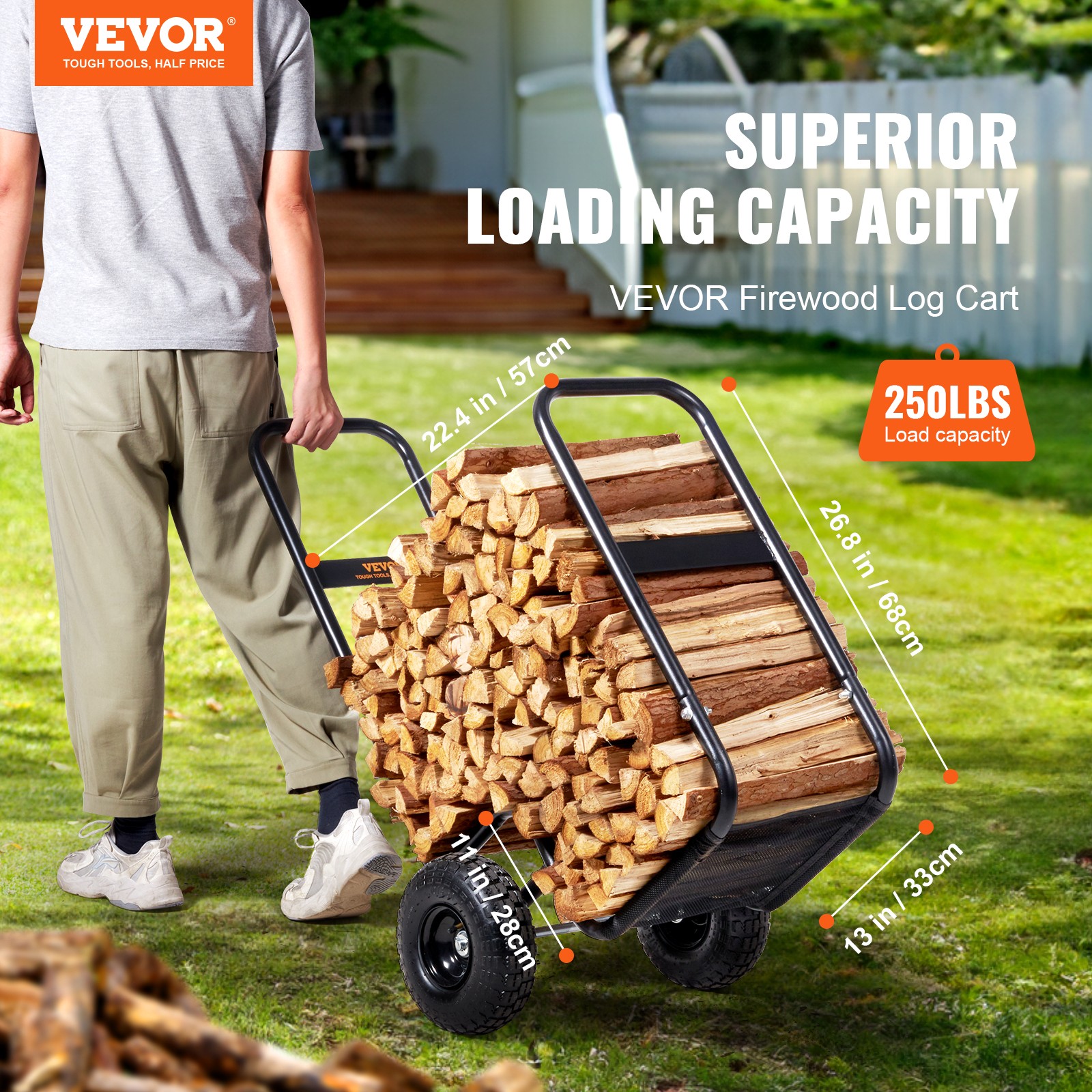 VEVOR Firewood Log Cart Wood Mover Hauler 250lbs Capacity on Rubber Wheels Dolly