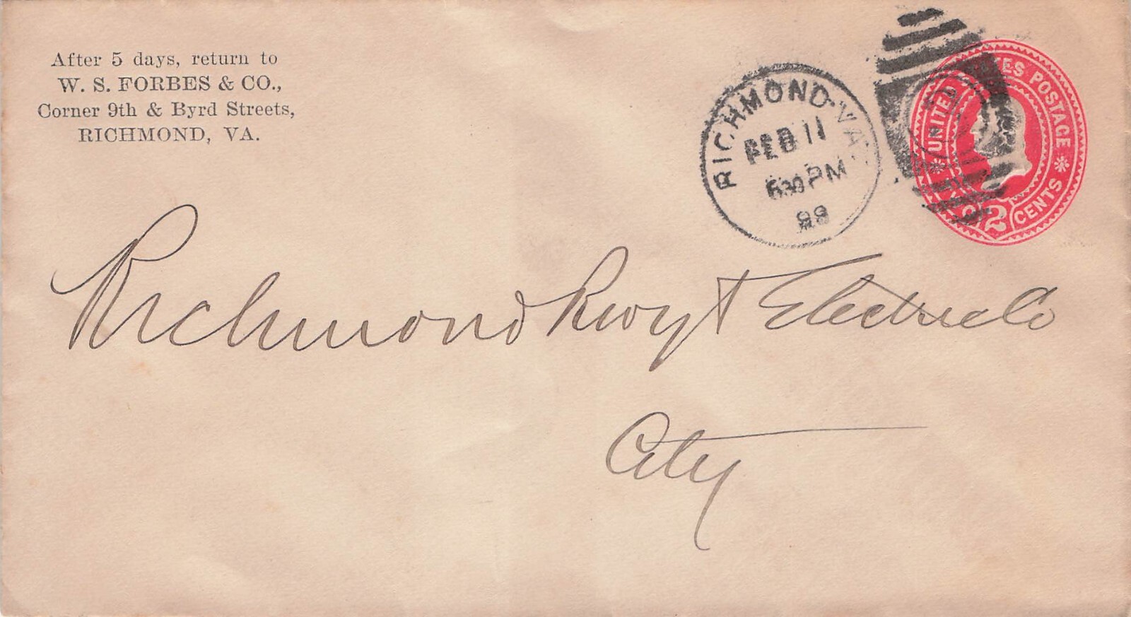 1898 Richmond VA Postal Stationery W S Forbes Butcher Business Cover CV04