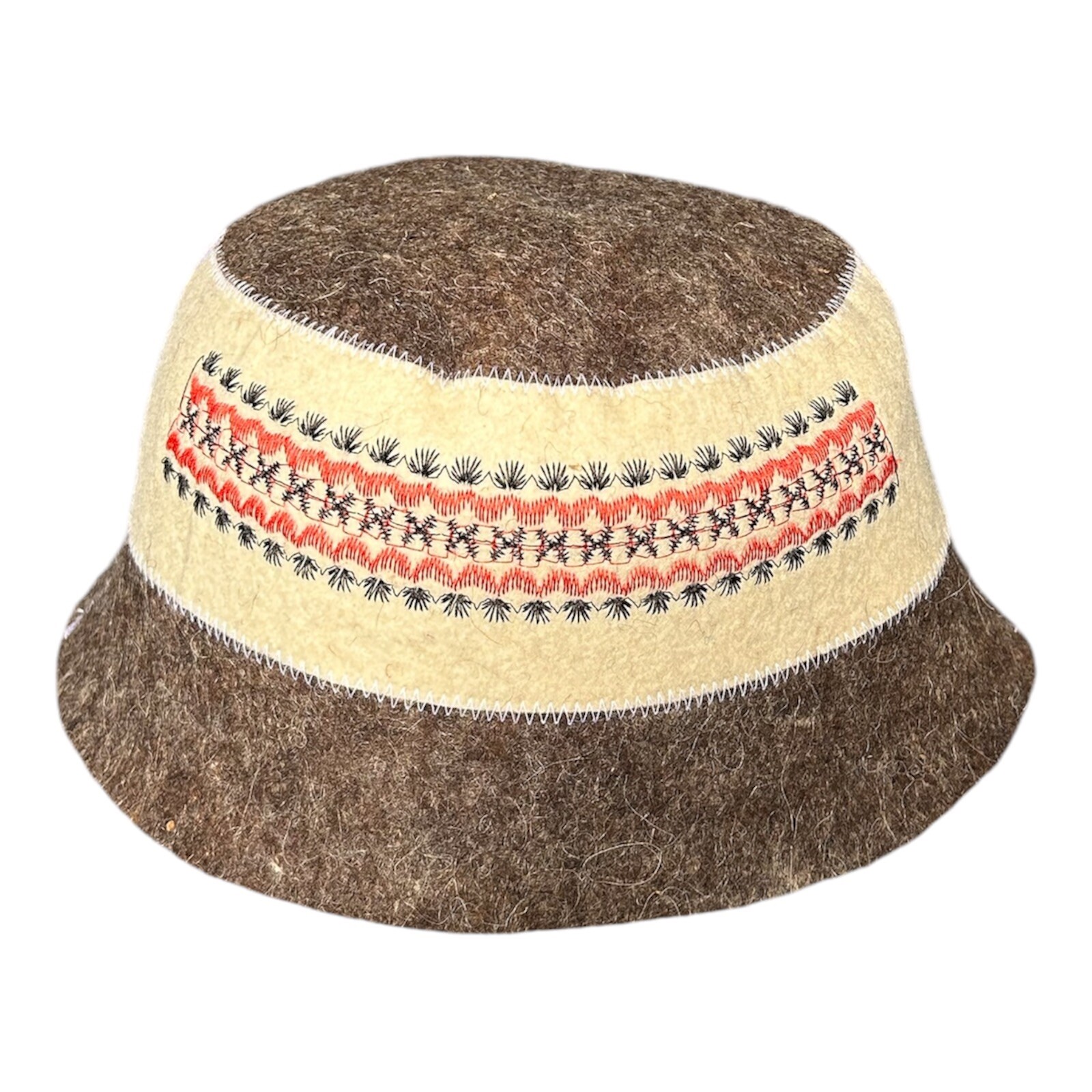 Wool Sauna Panama Hat with Red Embroidered Pattern - Natural Felt Bath Hat