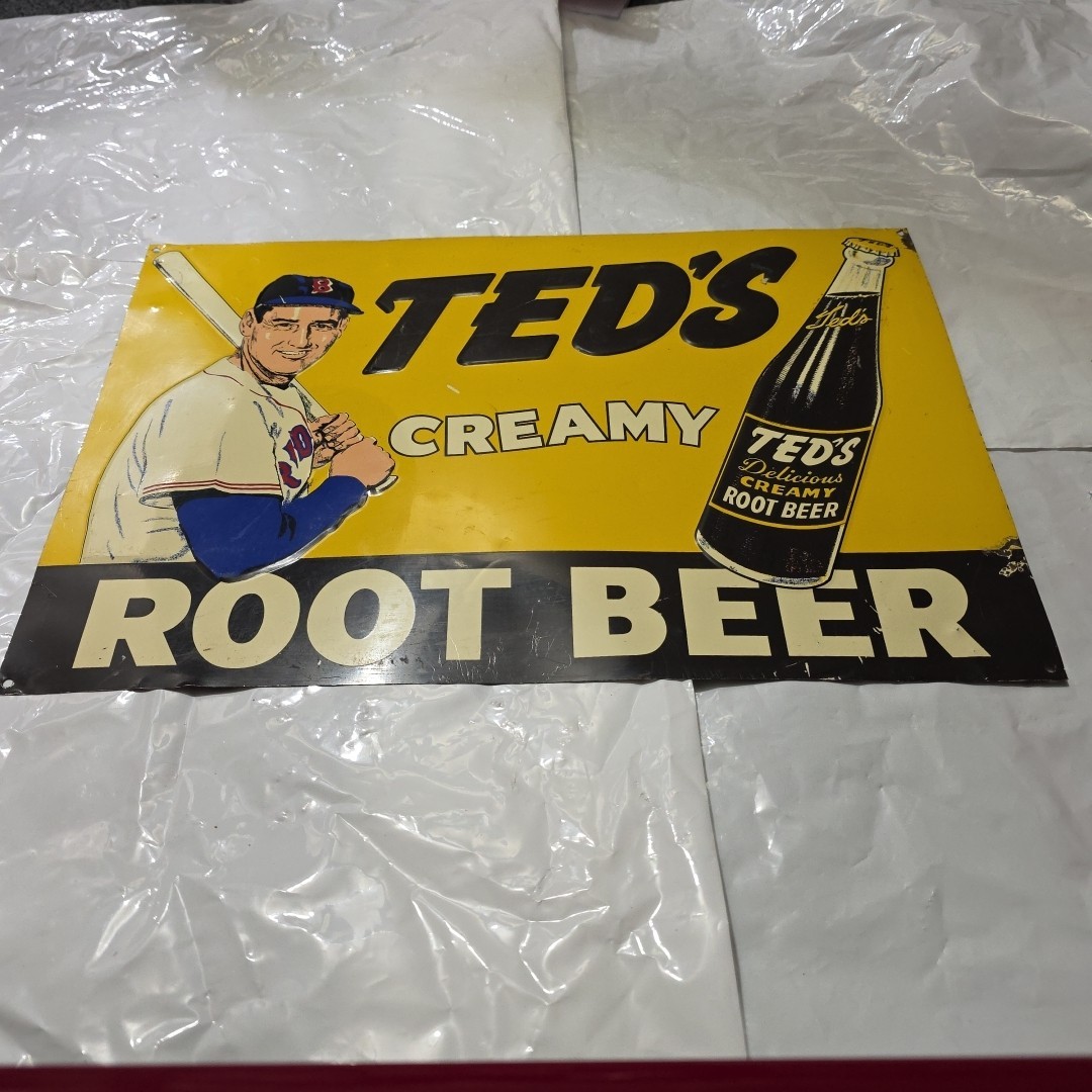 VTG TED WILLIAMS Ted's Delicious Creamy ROOT BEER SIGN 10in. x 15in. Green Back