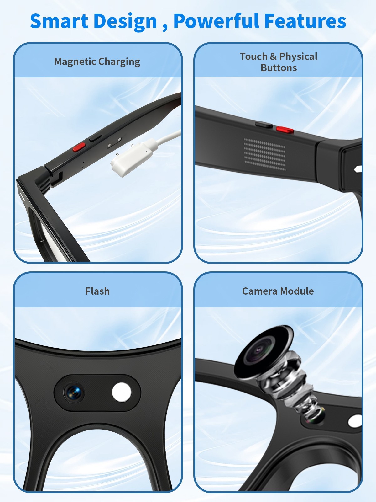 AI Smart Glasses with Interchangeable Lenses HD Camera Bluetooth for iOS Android