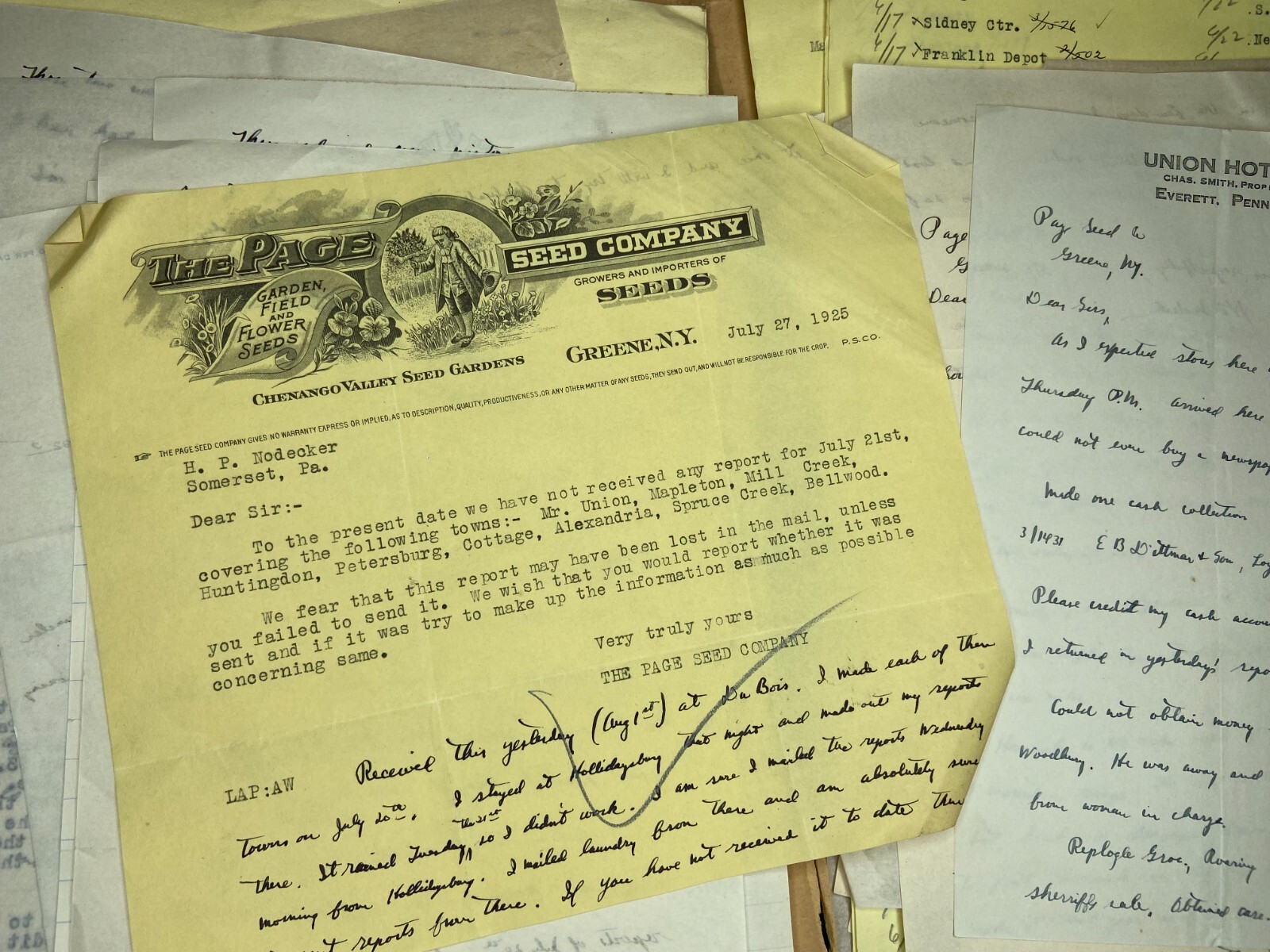 RARE Letter Archive - Traveling Salesman - Page Seed Co Greene, NY 1925 NY, PA,
