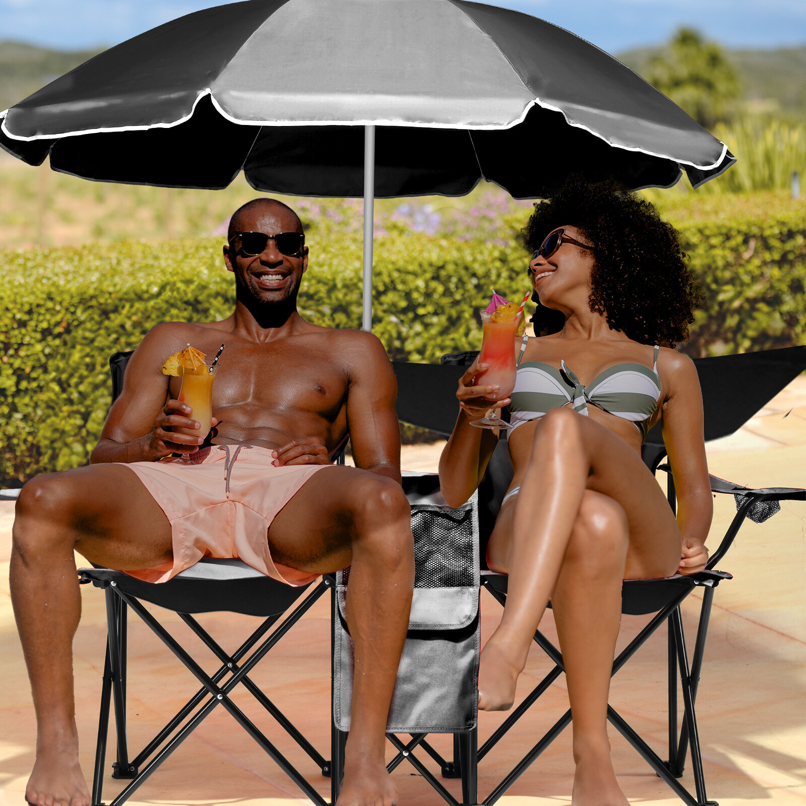 Folding Camping Outdoor Picnic Double Chair with Umbrella Table Cooler Beach New