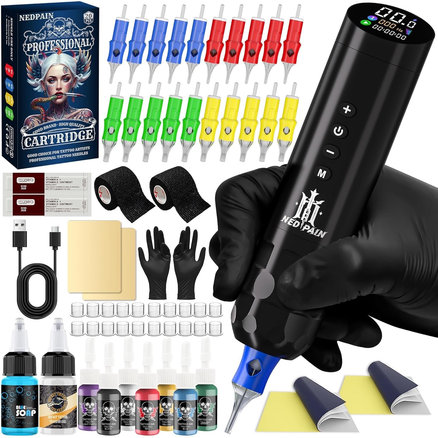 Wireless Tattoo Kit Complete for Beginners Pen Machine with Power Supply Needles