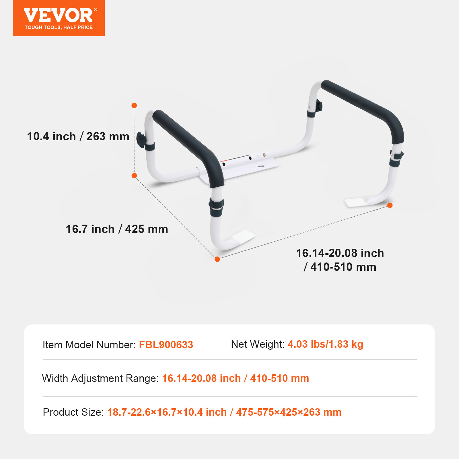 VEVOR Toilet Safety Rail Seat Frame for Elderly Adjustable Handrail Grab Bar