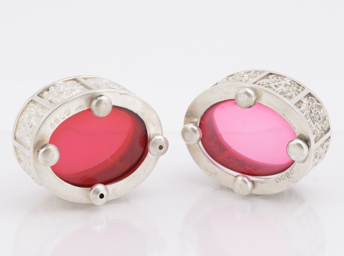 Pair Antique Victorian Sterling Silver & Cranberry Glass Salts Hallmarked 1888