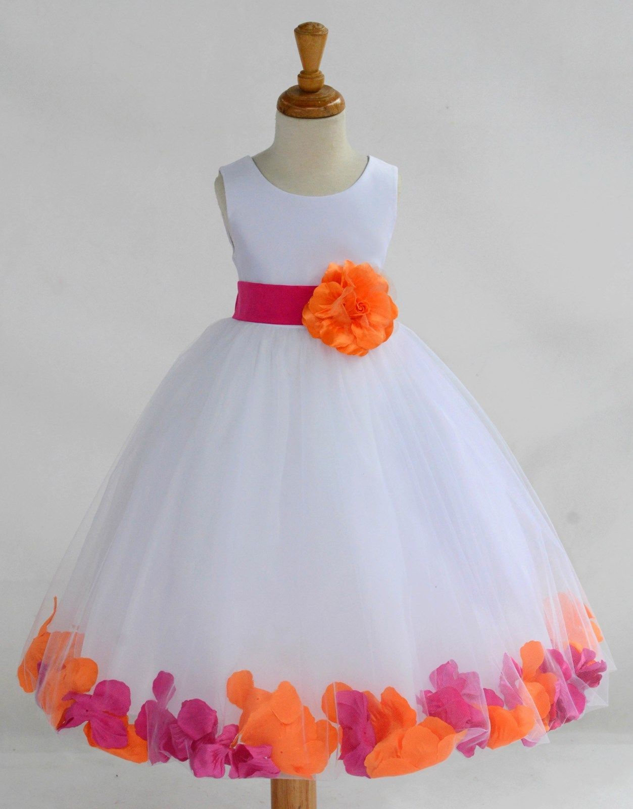 White Floral Rose Petal Flower girl dress Multi-colors Sizes 6-9 months-16 years