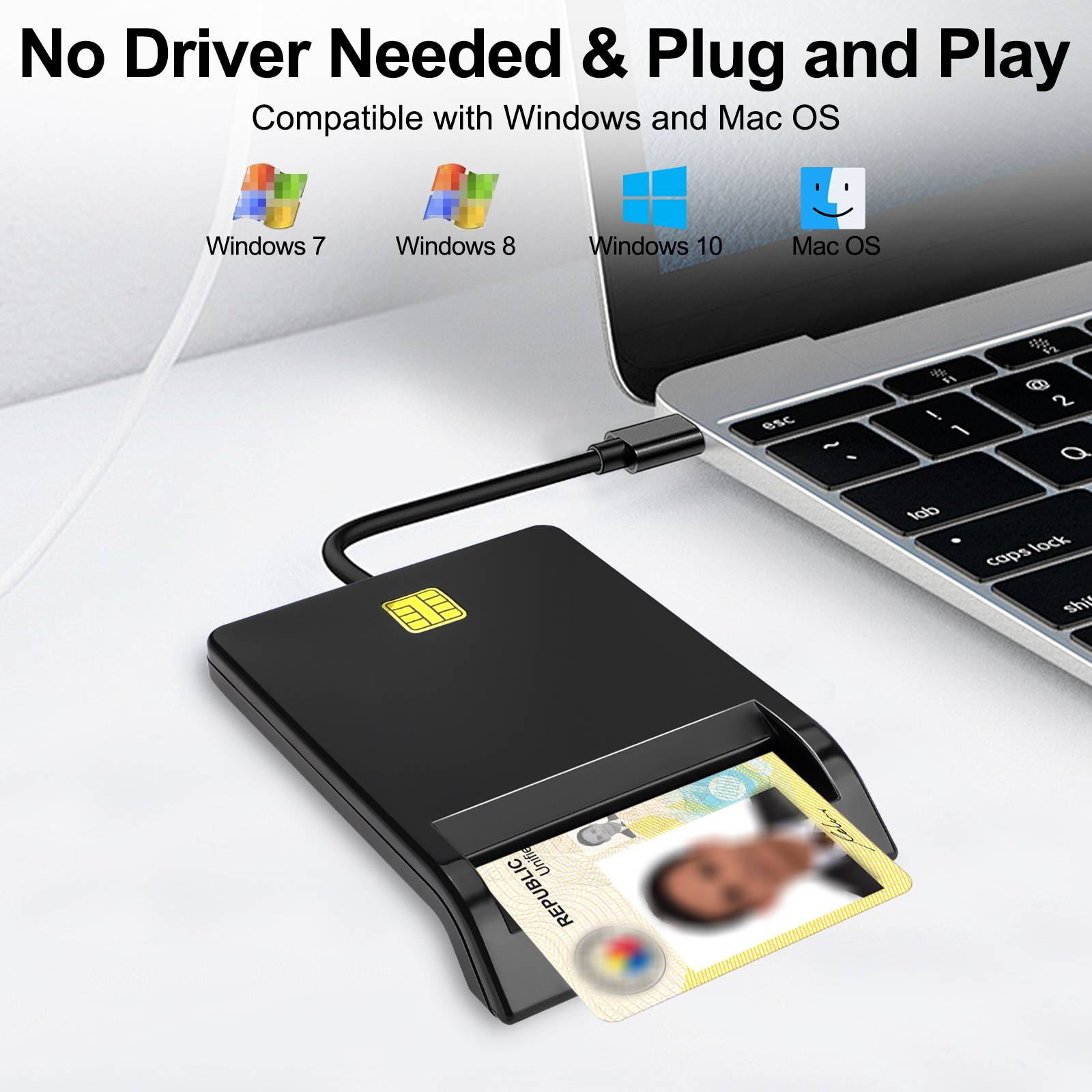 USB C Smart Card Reader DOD Military CAC Common Access-Bank Card-ID for Windows