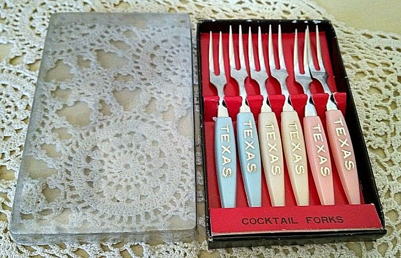TEXAS COCKTAIL FORKS SET 6 VINTAGE JAPAN STAINLESS STEEL PLASTIC HANDLE ORG BOX.