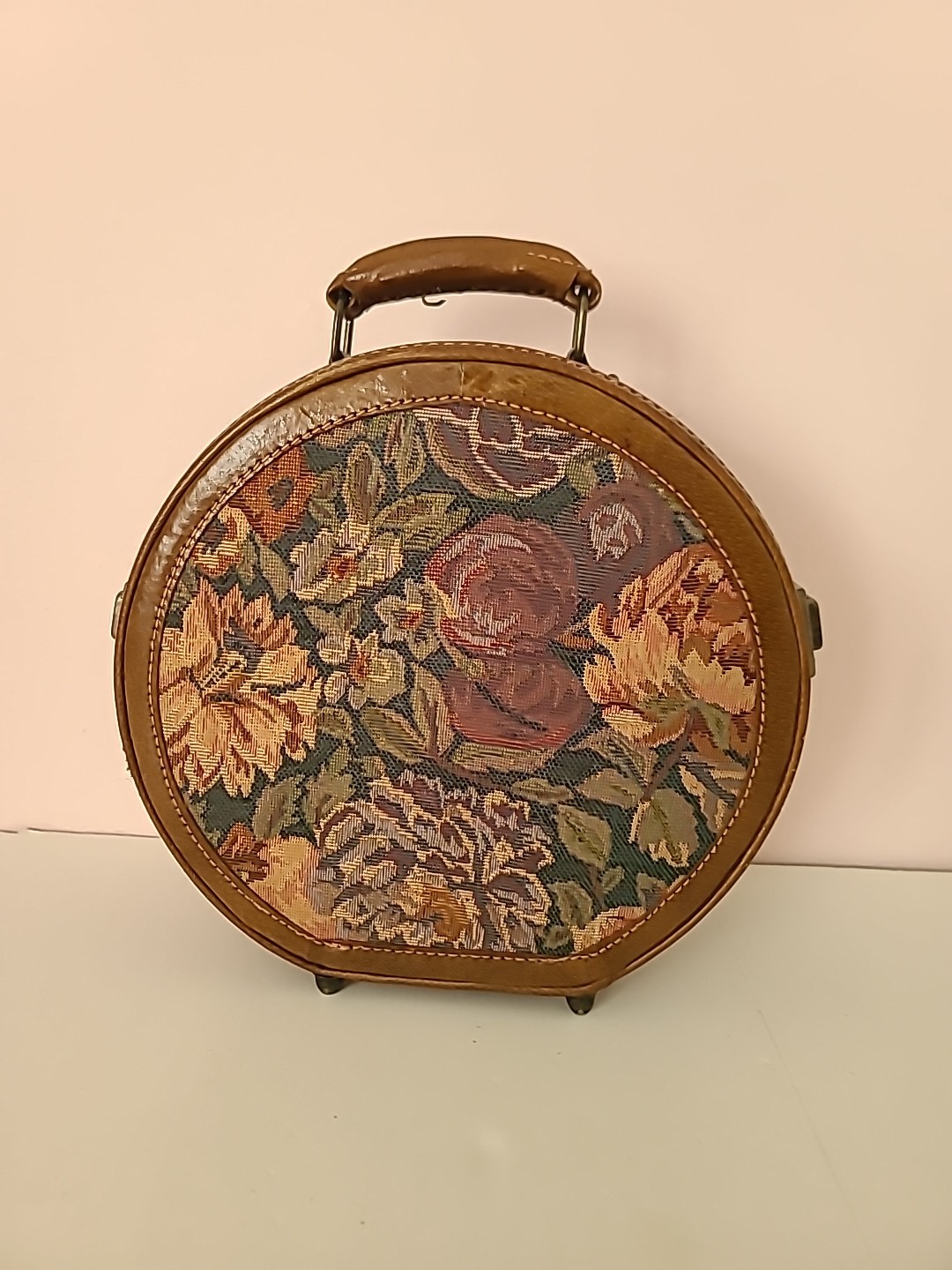 Floral Tapestry Round Train Case Vintage Travel Storage