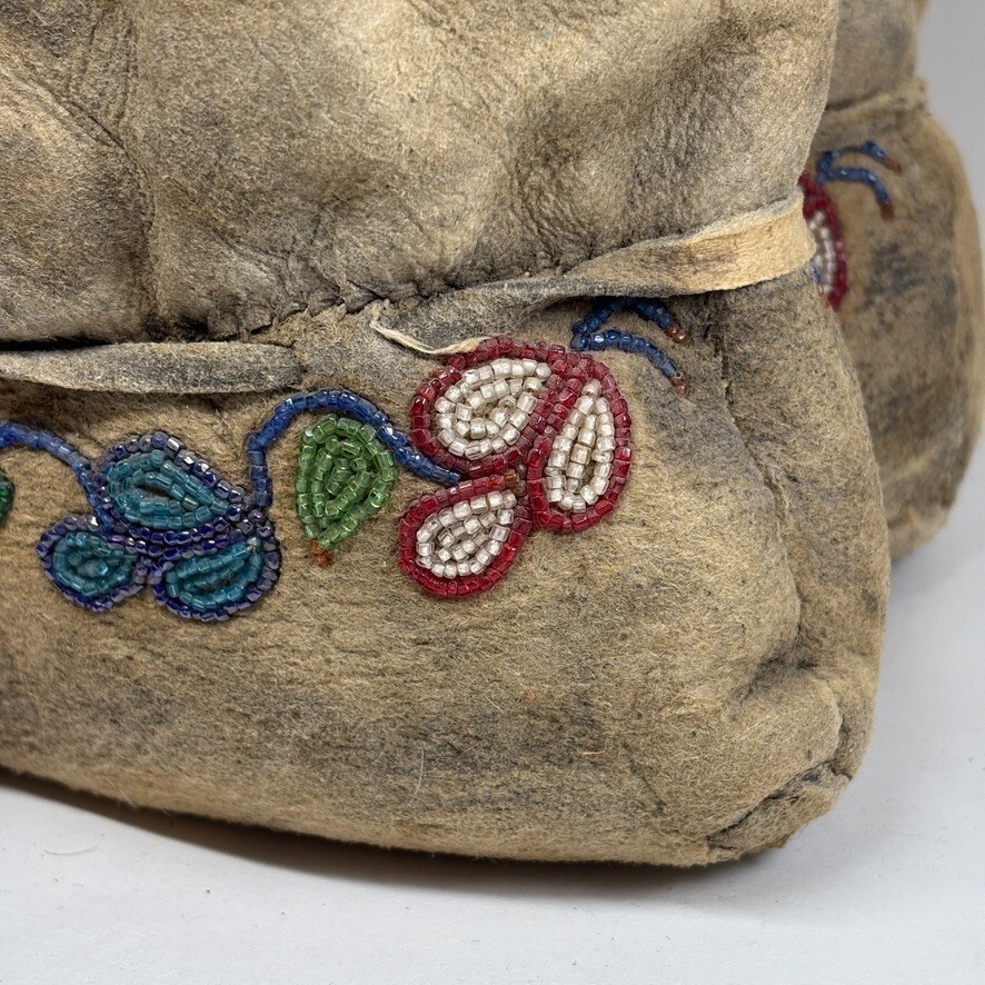 1920s Cree Native American Moccasins High-Top Beaded Pucker Toe Soft-Soled