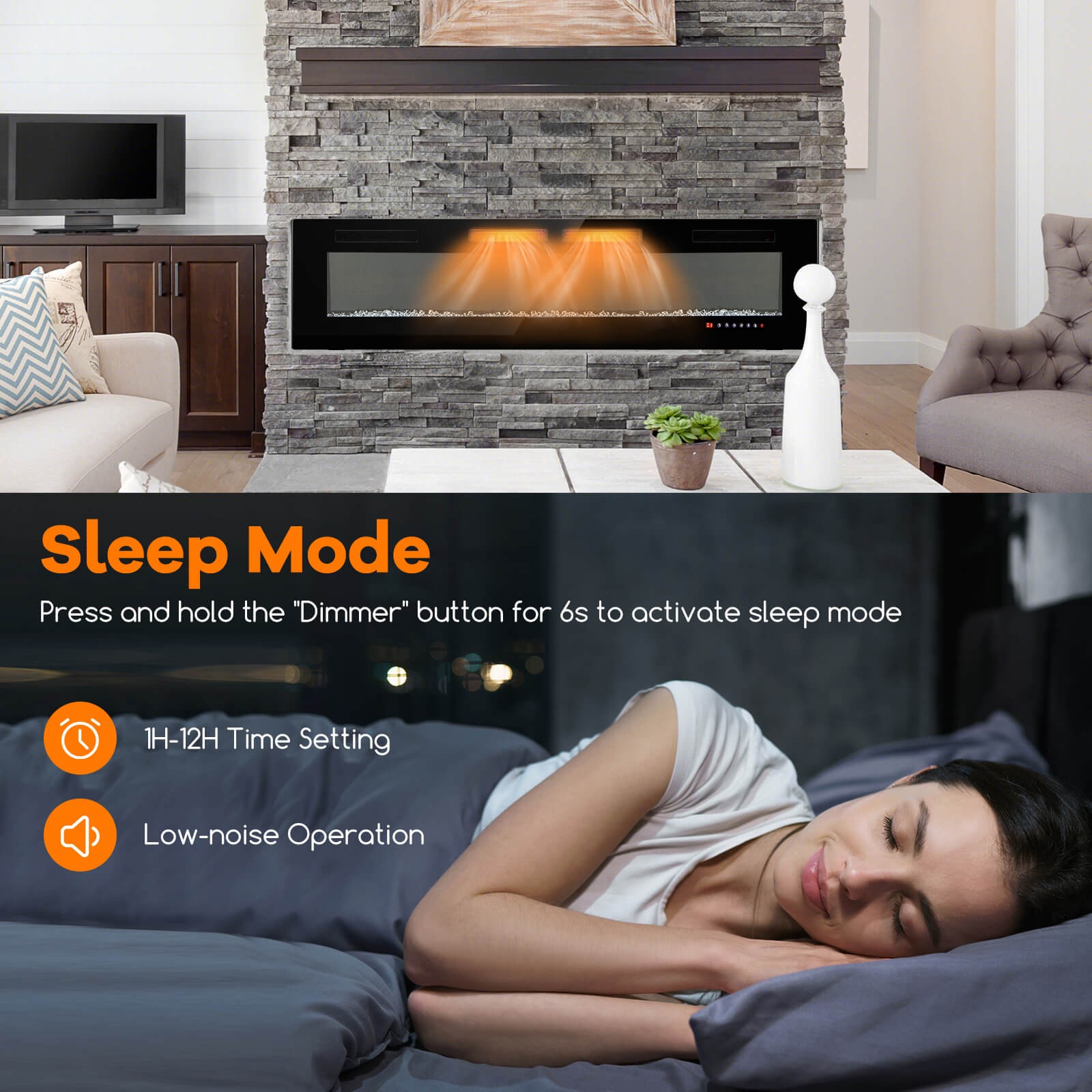 72 Inches Ultra-Thin Electric Fireplace Wall-Mounted & Recessed Fireplace Heater