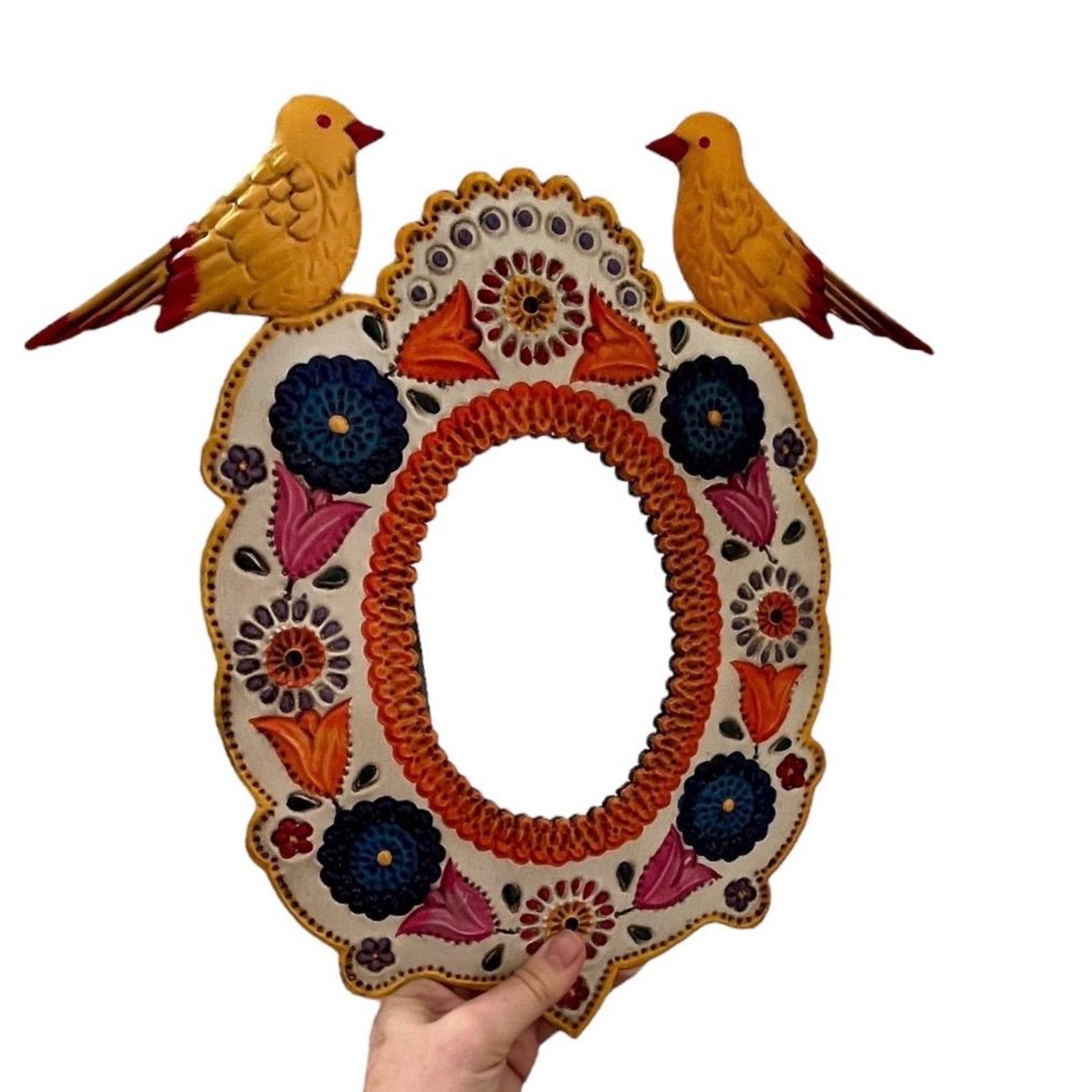Tin MIRROR with BIRDS, Hand Painted Frame, Mexican Punched Tin, Oval Mirror 13"