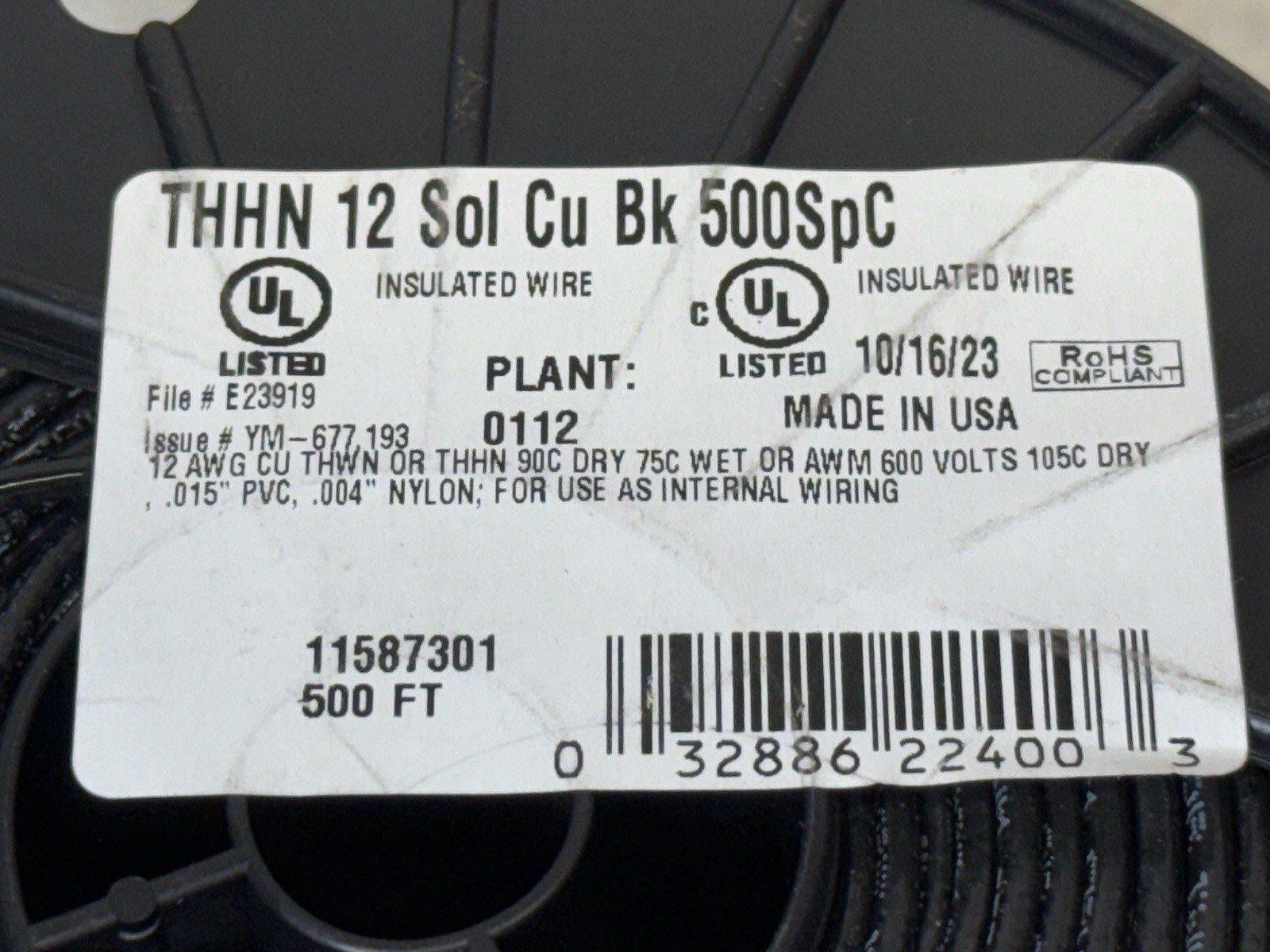 NEW Southwire 11587301 THHN Building Wire Solid Cu, 12 AWG, Black, 500 ft.