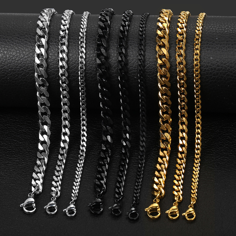 3/5/7/MM Stainless Steel Chain Silver/Black/Gold Plated Cuban Curb Bracelet 7-11