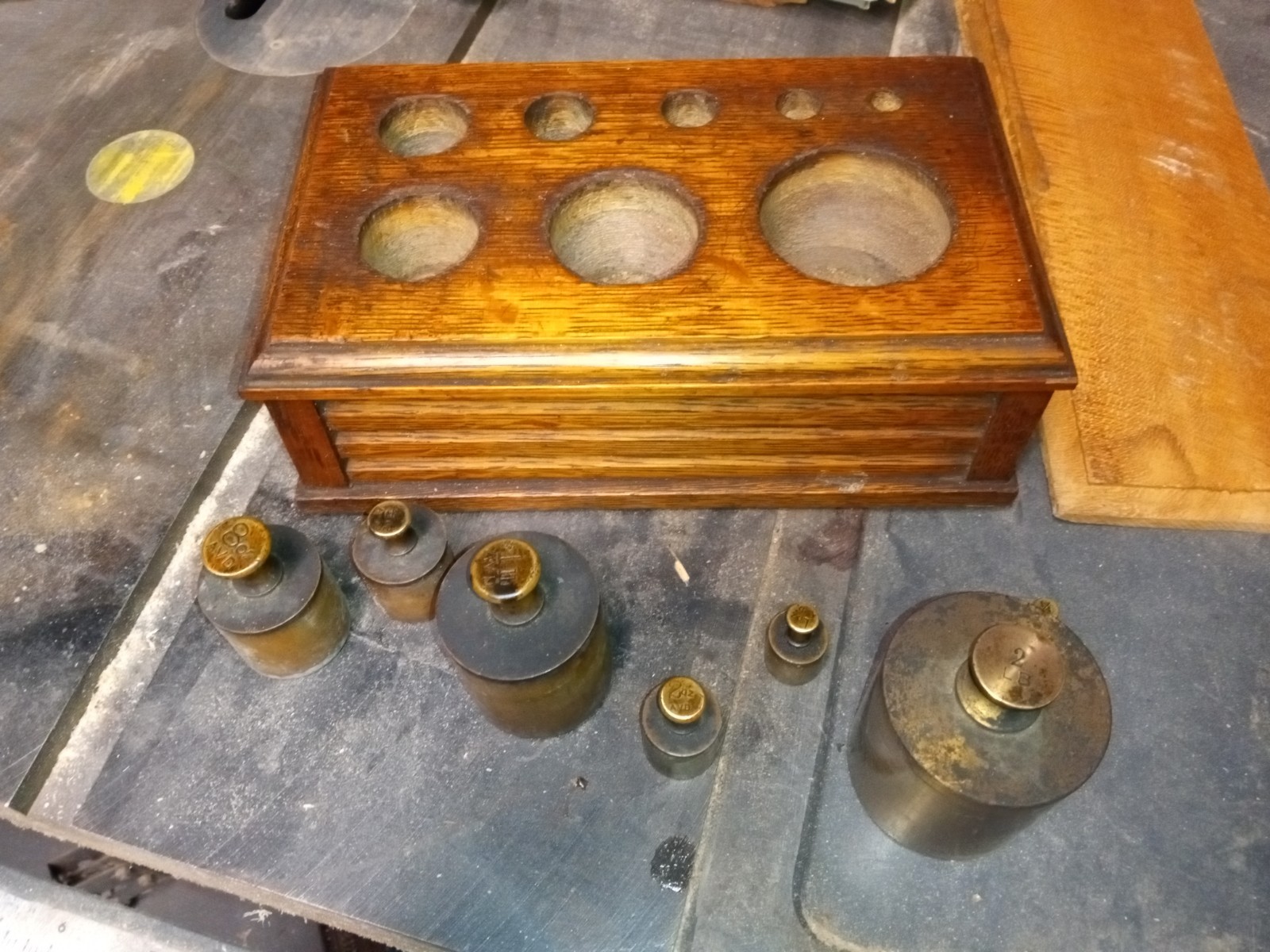 antique 8 Pc Scale Weight Calibration Brass Set in oak container
