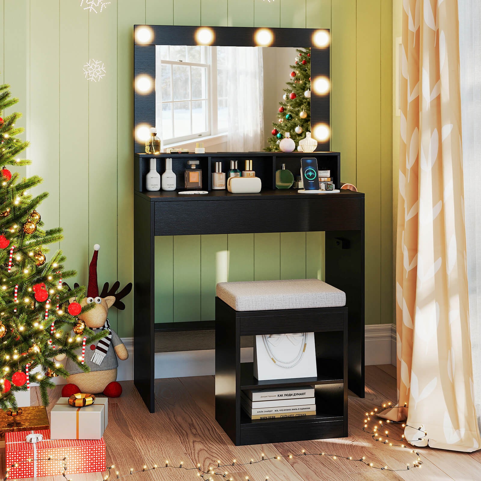 Vanity Desk Set with Mirror and Lights 31.5" Small Makeup Table for Bedroom