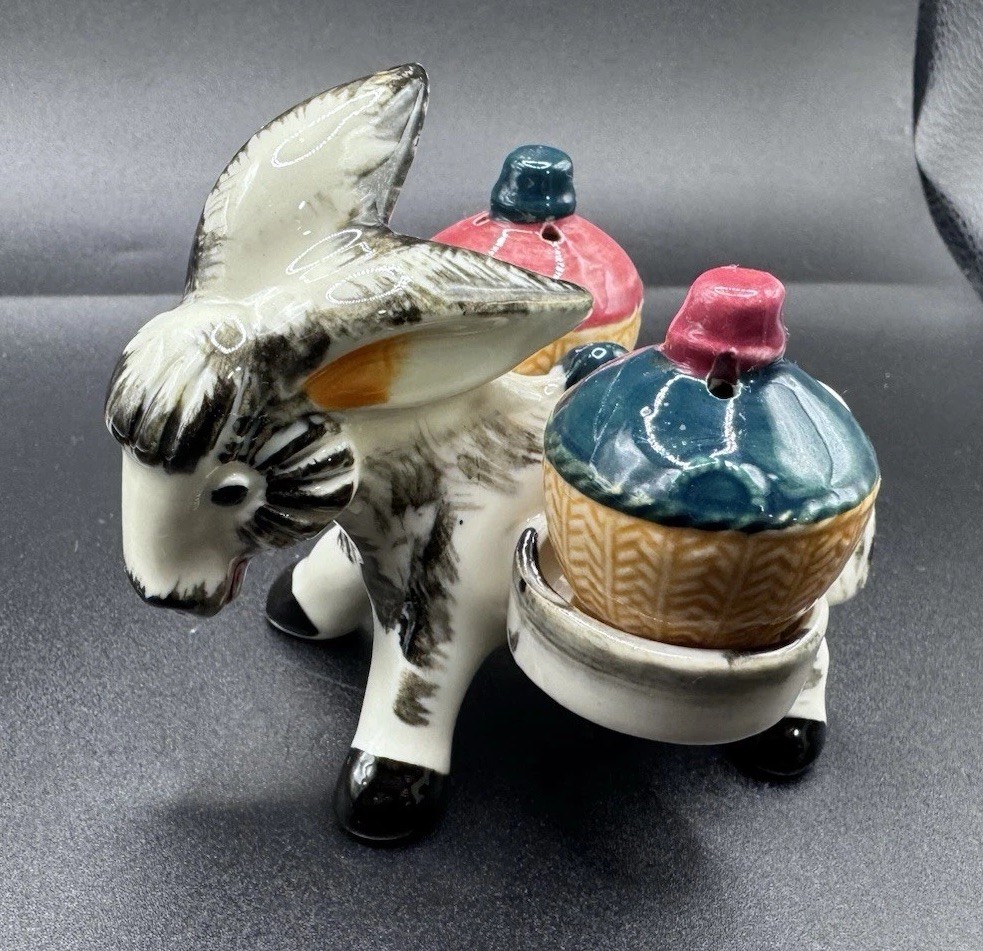Vintage MCM 1960s Donkey Novelty Ceramic Kitschy Salt Pepper Shakers with Caddy