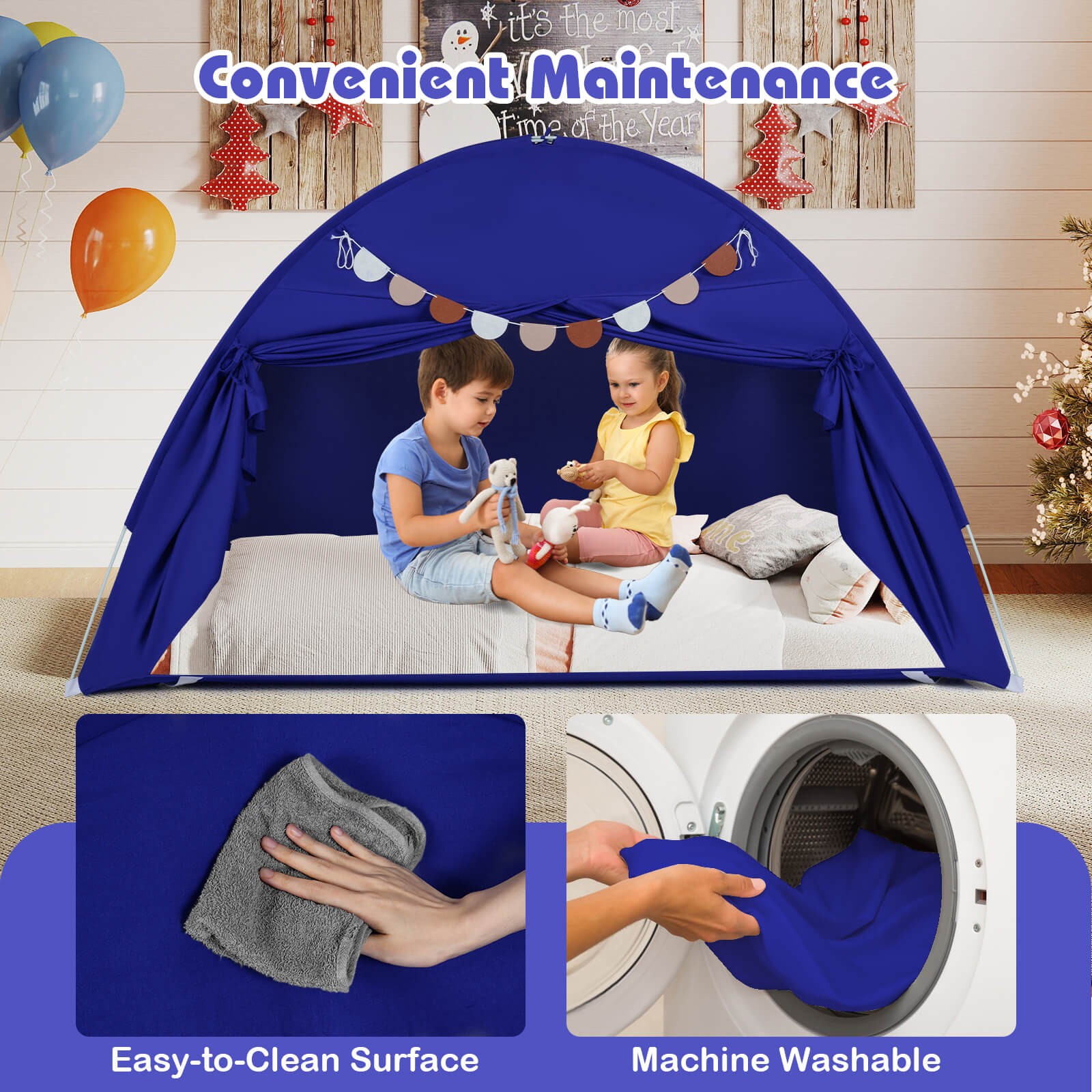 Twin Size Bed Tent w/2 Windows, Flags for Boys & Girls Aged 3+ Years Old