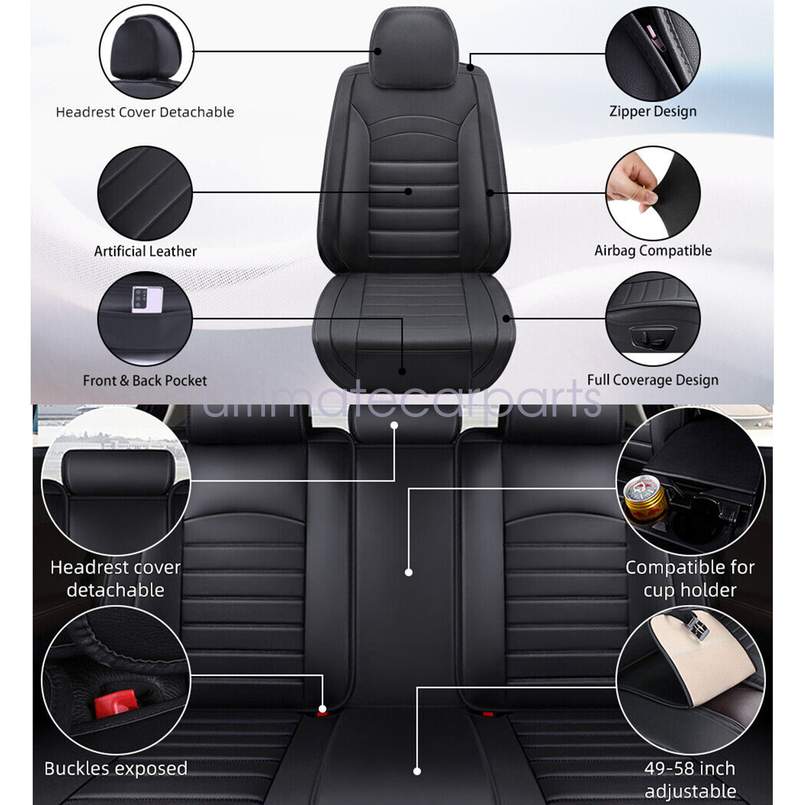 Leather Seat Covers Full Set 5-Sits Front & Rear Cushion Accessories For Honda