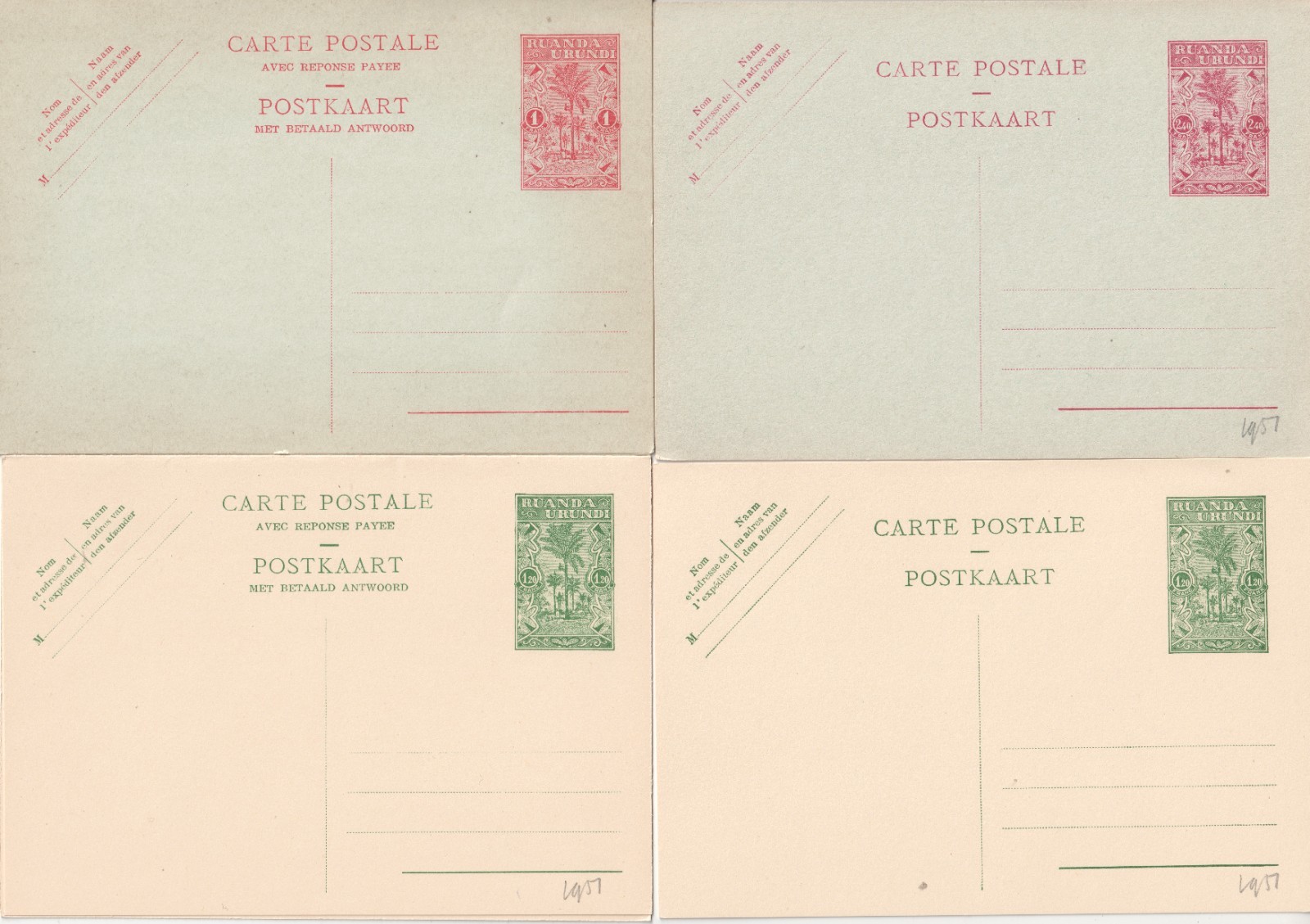 Ruanda Urundi 1951  4 stationery postcards palm tree