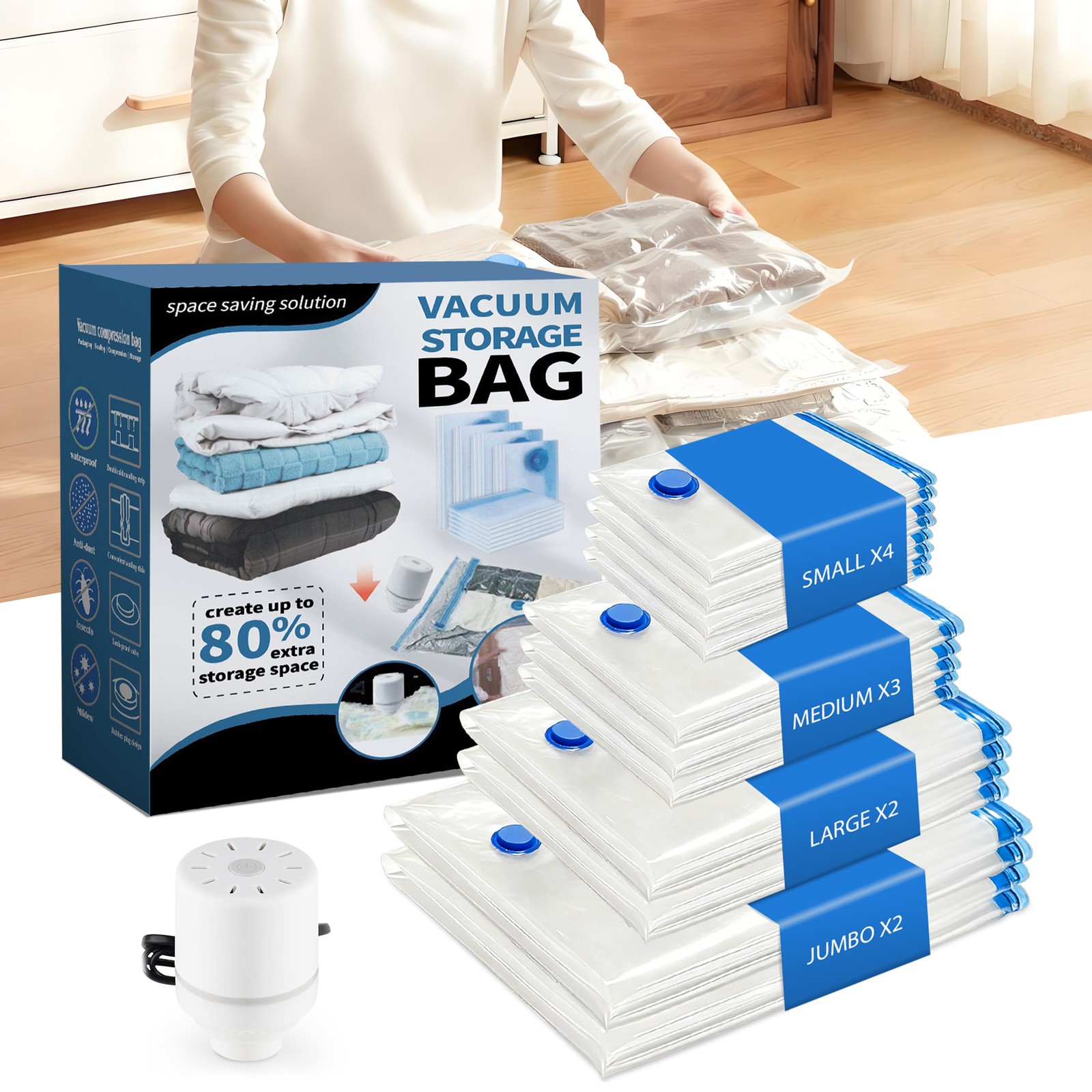 A set of 11pcs Vacuum Storage Bags with Electric Pump for Home, Travel Organizer