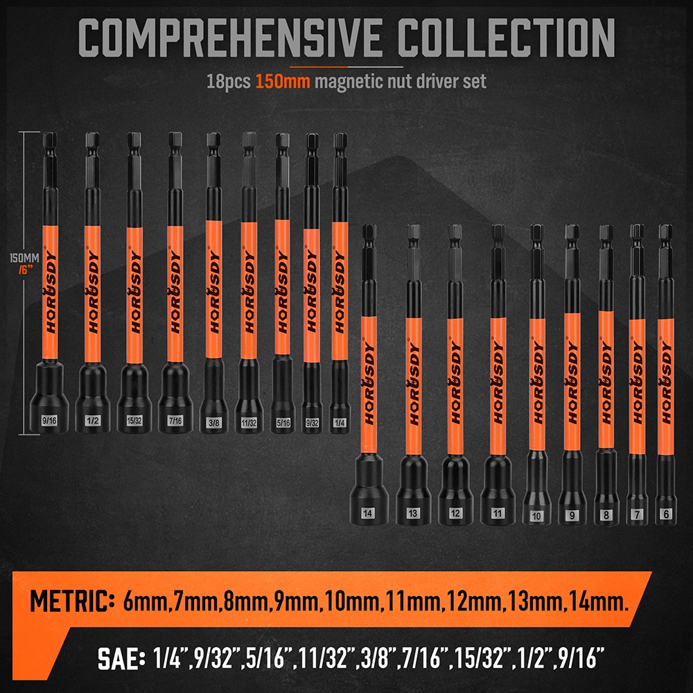 18PC Impact Magnetic Nut Drivers Set SAE & Metric Extra Long 1/4" Hex Shank Case