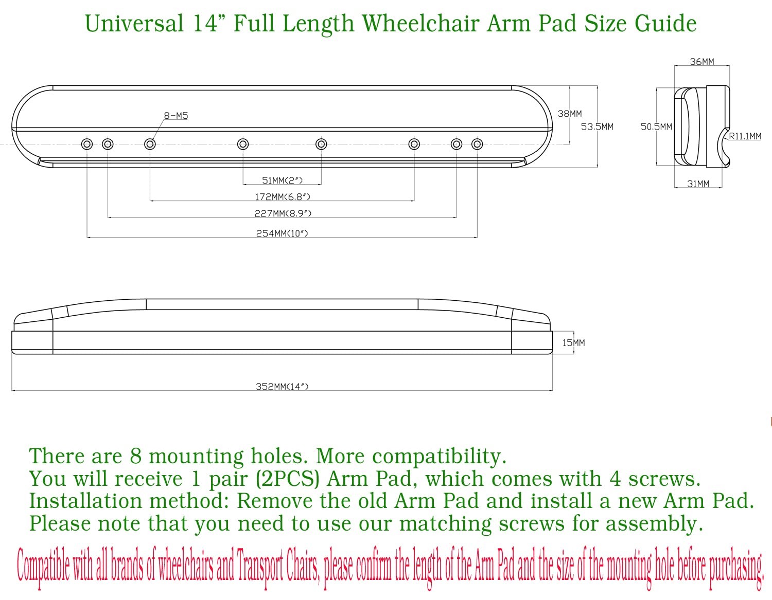 Universal 14” Full Arm Pad,Universal Duty Length (14") Wheelchair Black
