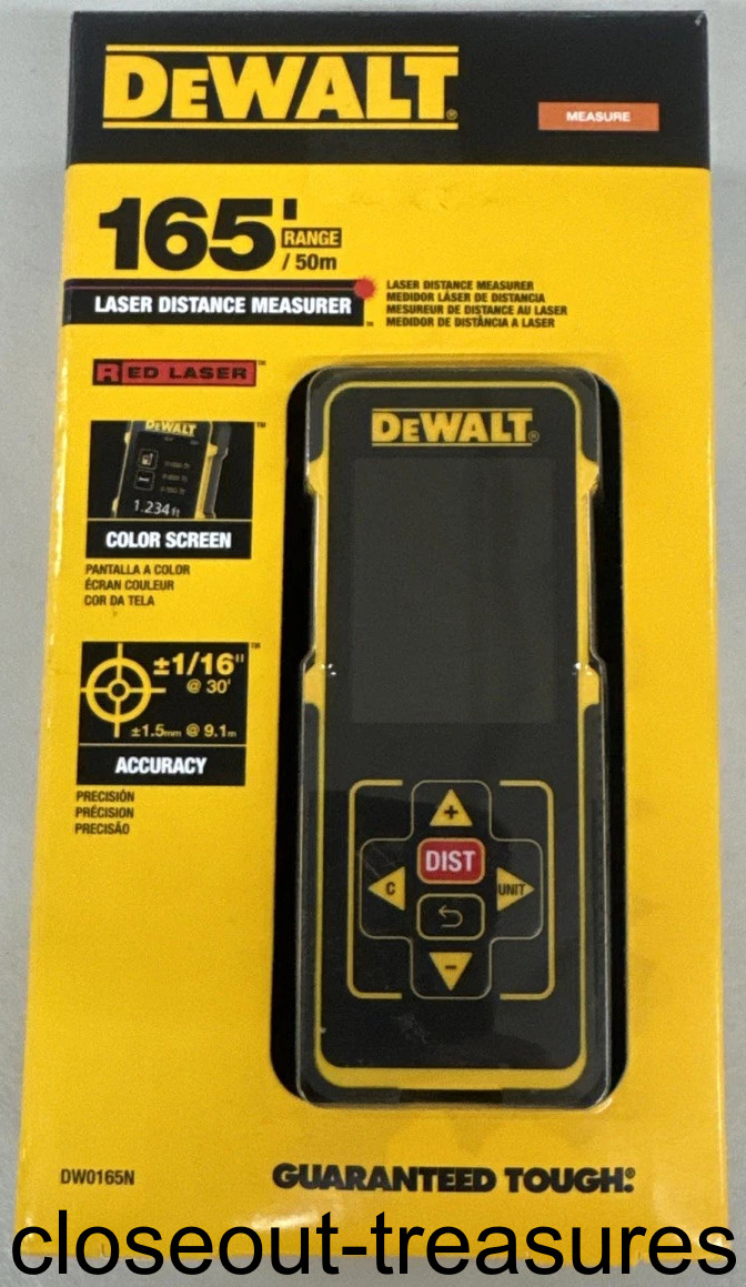 DeWalt DW0165N 165' Laser Distance Measurer Digital Red Laser Color Screen NEW!