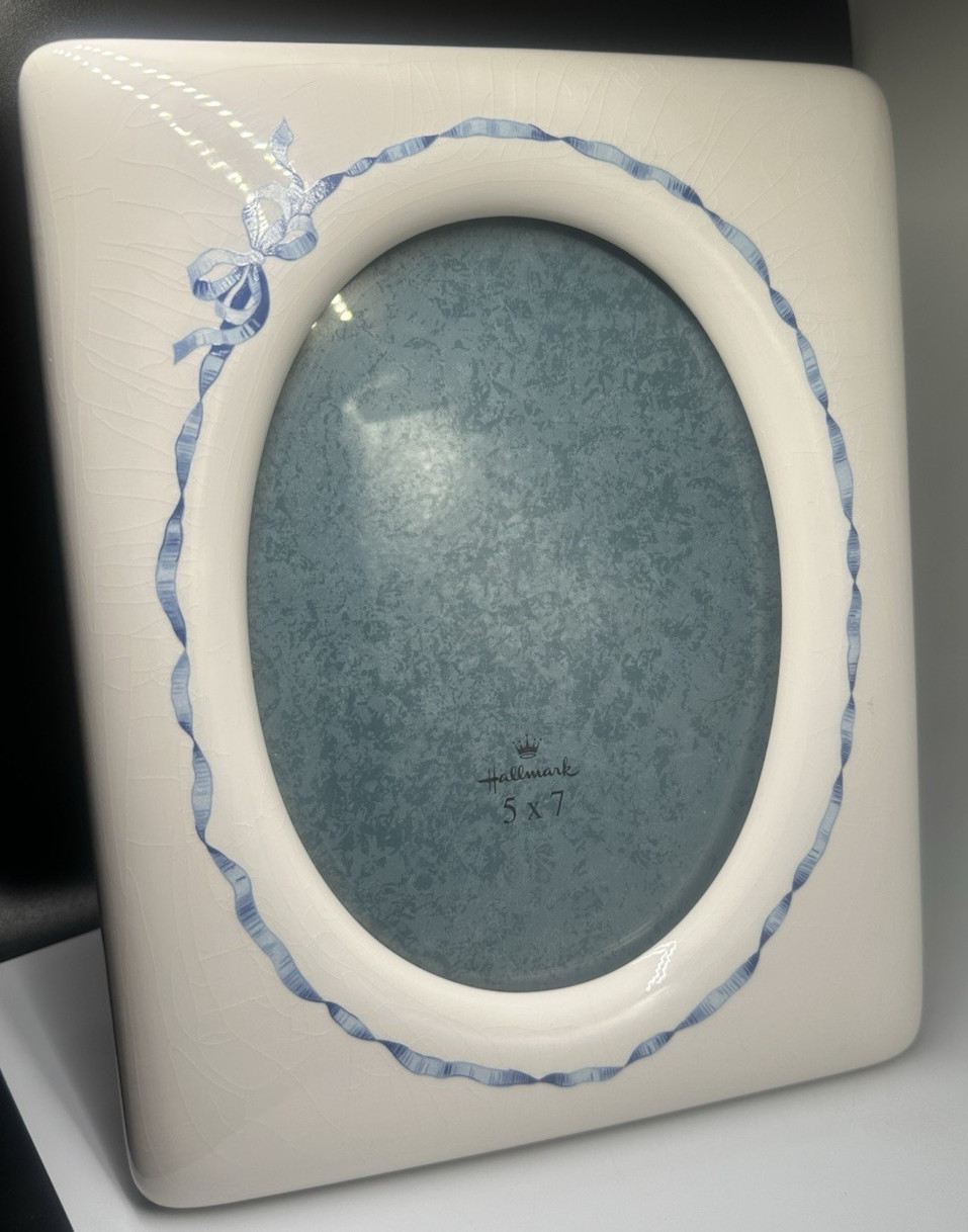 Vintage Hallmark White and Blue Ceramic Picture Frame Oval Fits 5x7 Blue Bow