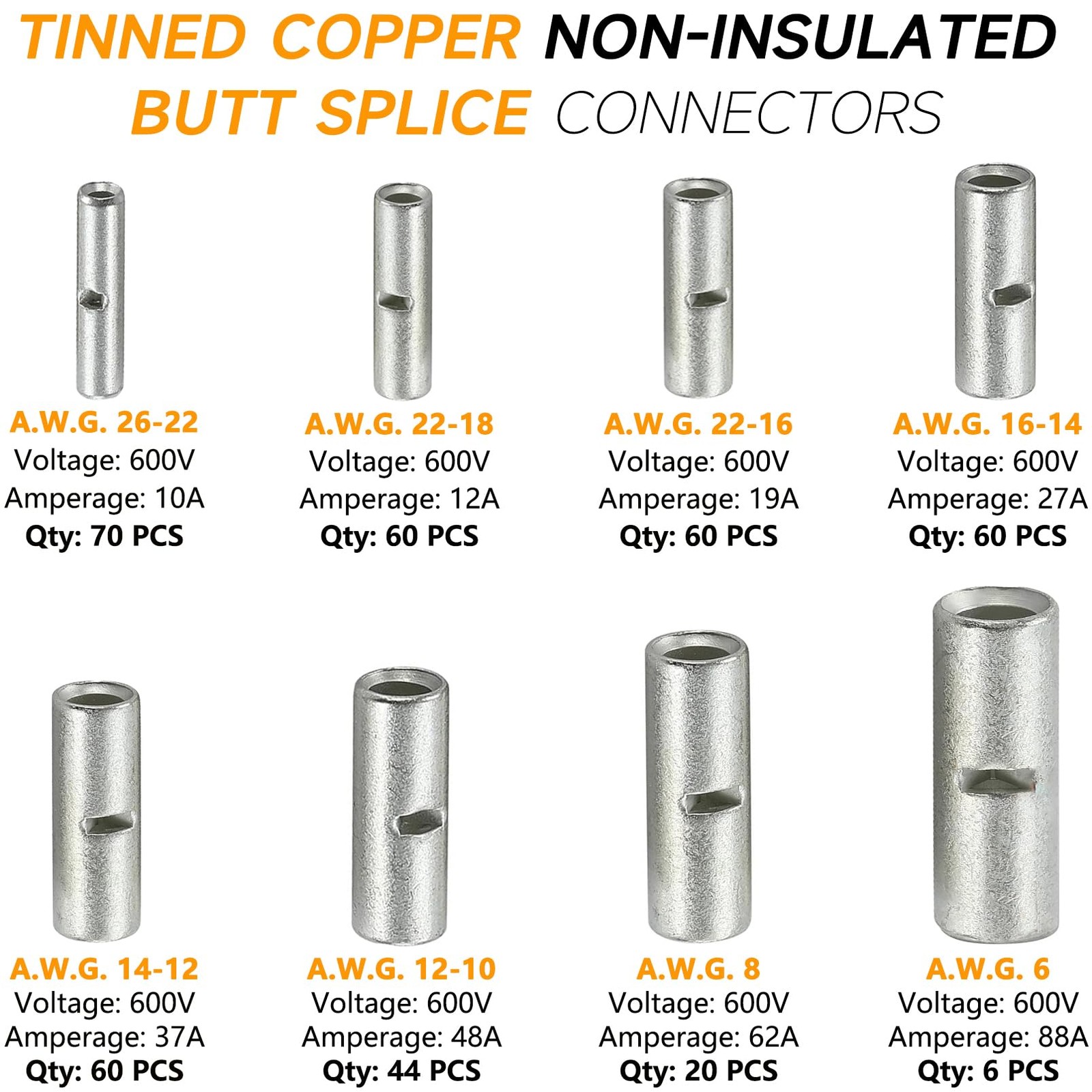 SVAAR 380PCS Non Insulated Butt Connectors Kit Butt Splice Connector Uninsula...