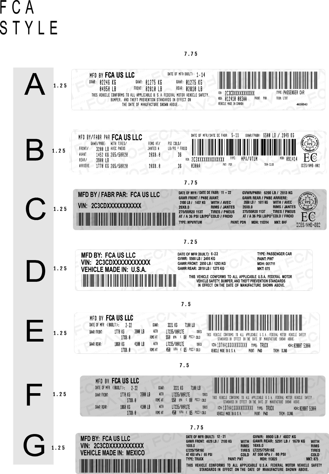CUSTOM FCA CHRYSLER Decal Sticker ID Label Tire Loading Information VIN# USA 3M