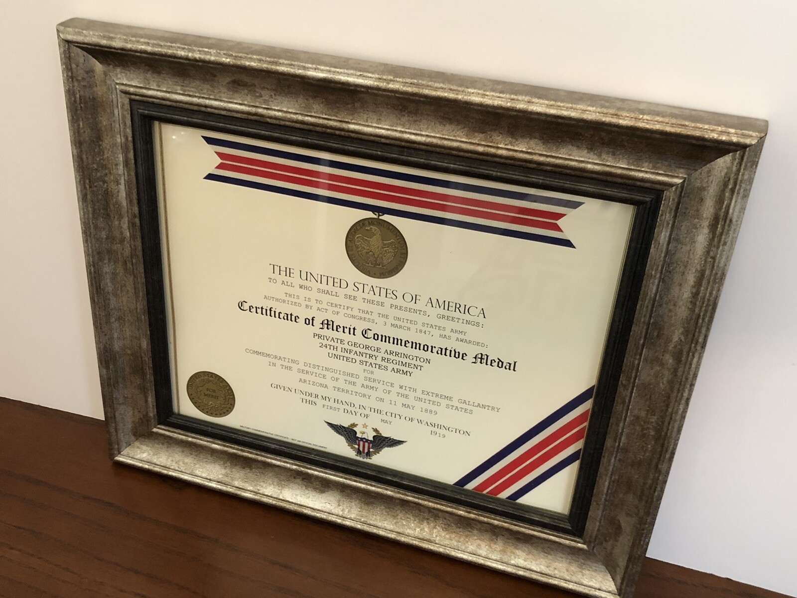 CERTIFICATE OF MERIT COMMEMORATIVE MEDAL CERTIFICATE ~ Type 1 w/Custom Printing