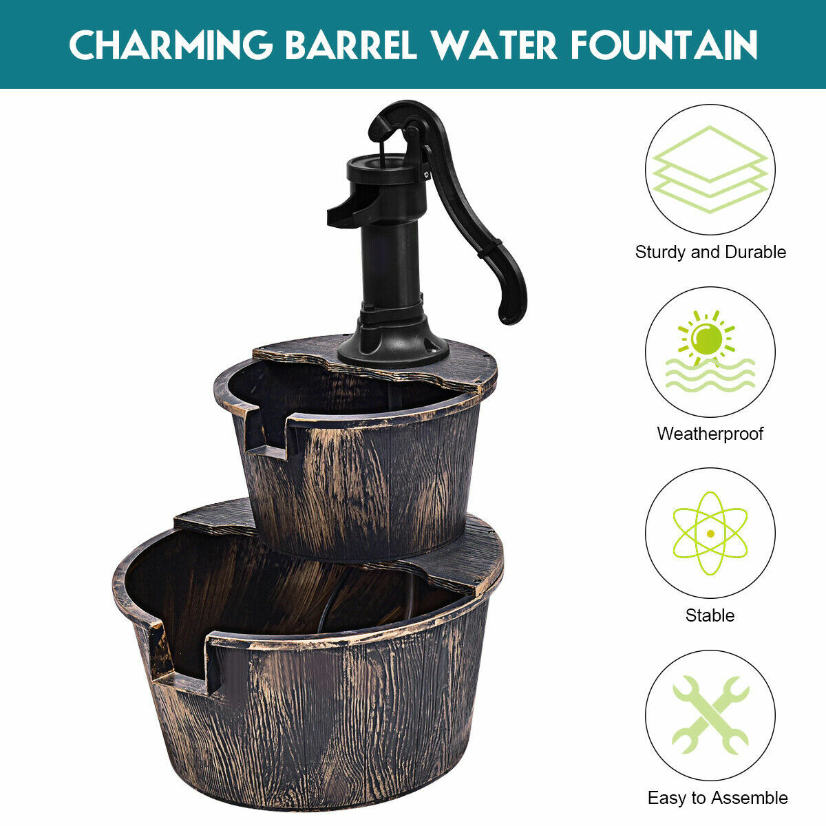 2 Tier Barrel Waterfall Fountain Barrel Water Fountain Pump Outdoor Garden