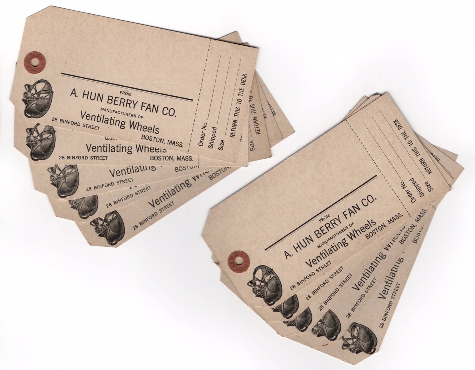 10 1910s TAGS FROM A HUN BERRY FAN CO VENTILATING WHEELS BOSTON MA DENNISON MFG