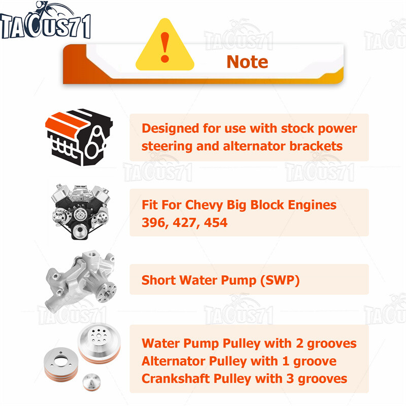 Pulley Kit For Big Block Chevy Short Water Pump 396 427 454 w/Alternator Bracket
