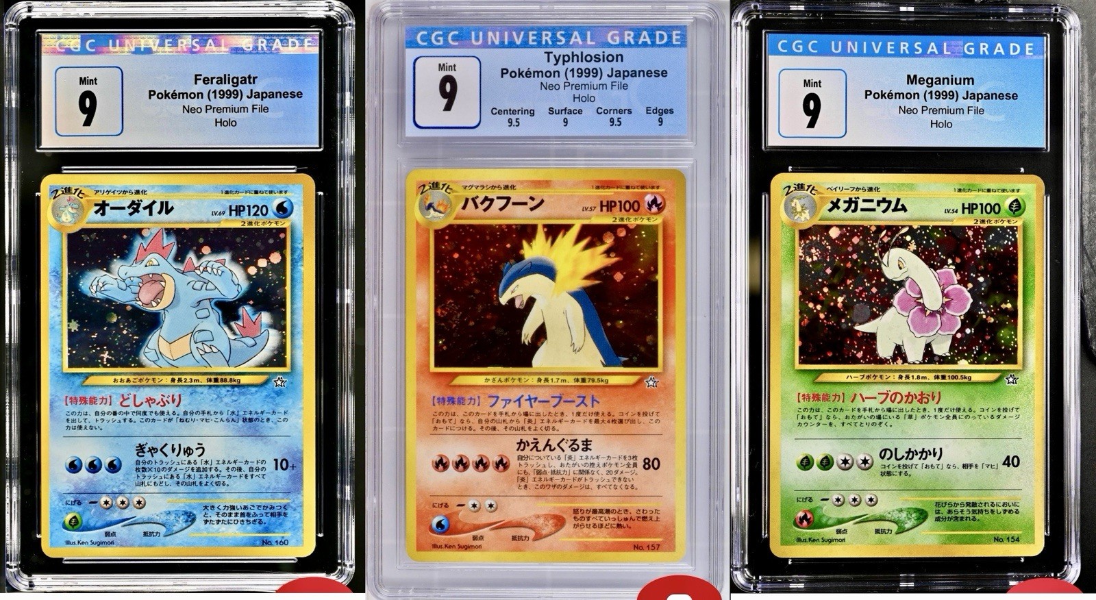 1999 Neo Premium File SET Feraligatr Typhlosion Meganium CGC 9 Lot Of 3