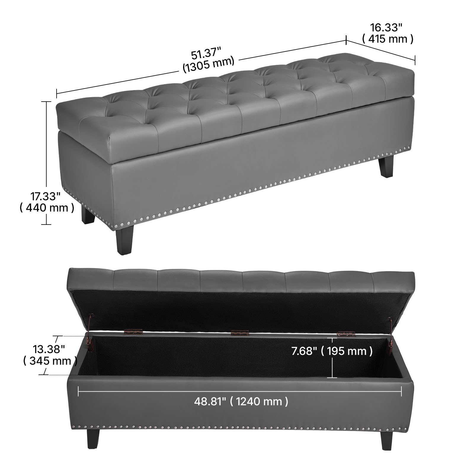 Uimoso Button-Tufted Storage Ottoman Bench PU Leather Bench with Wood Legs Gray
